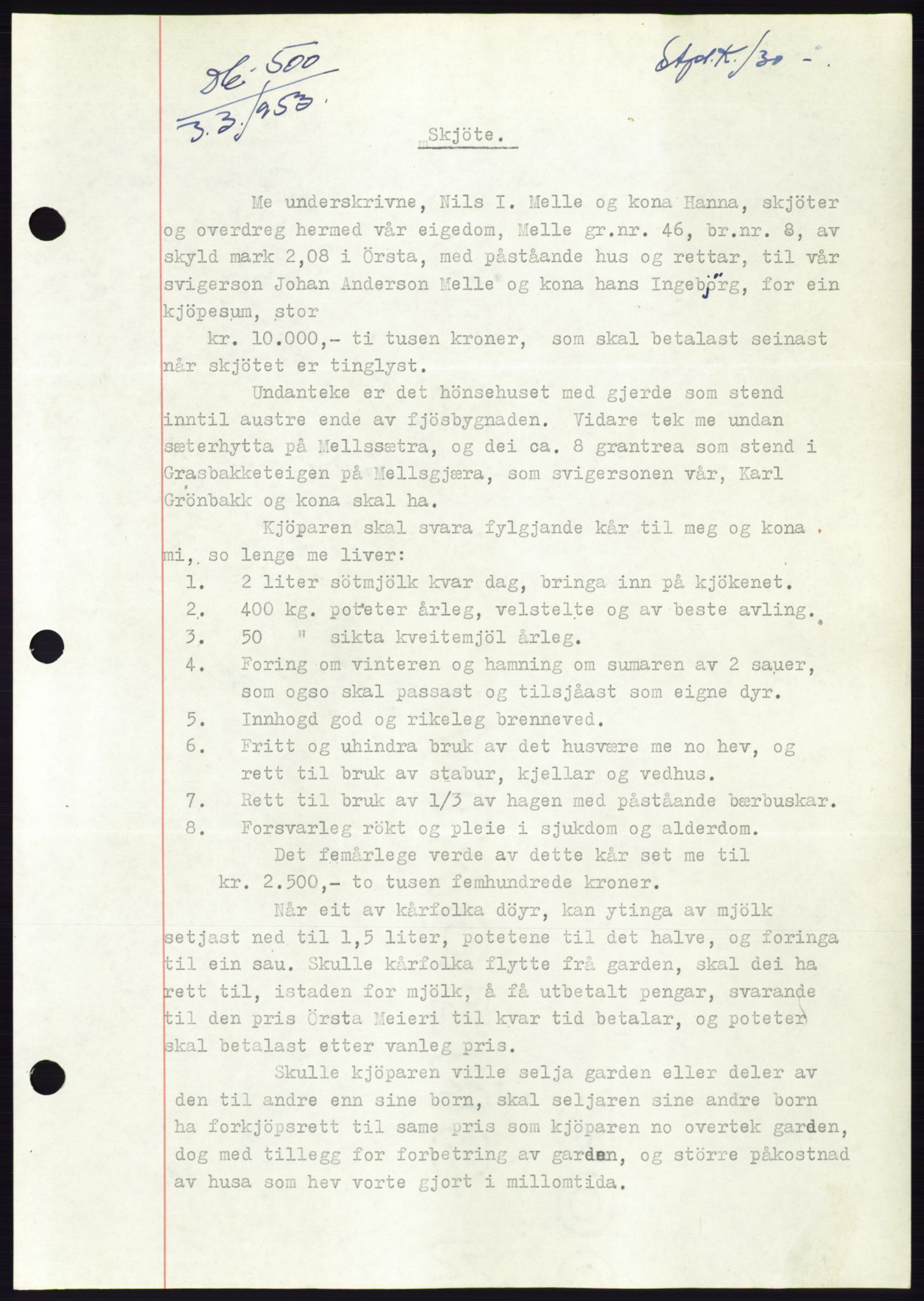 Søre Sunnmøre sorenskriveri, AV/SAT-A-4122/1/2/2C/L0094: Mortgage book no. 20A, 1953-1953, Diary no: : 500/1953