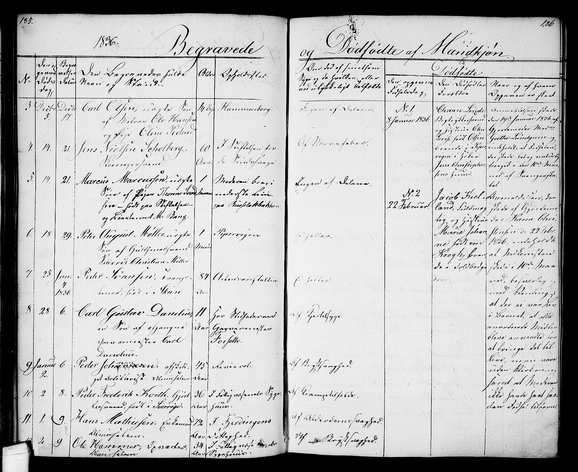 Oslo domkirke Kirkebøker, SAO/A-10752/F/Fa/L0024: Parish register (official) no. 24, 1833-1846, p. 185-186