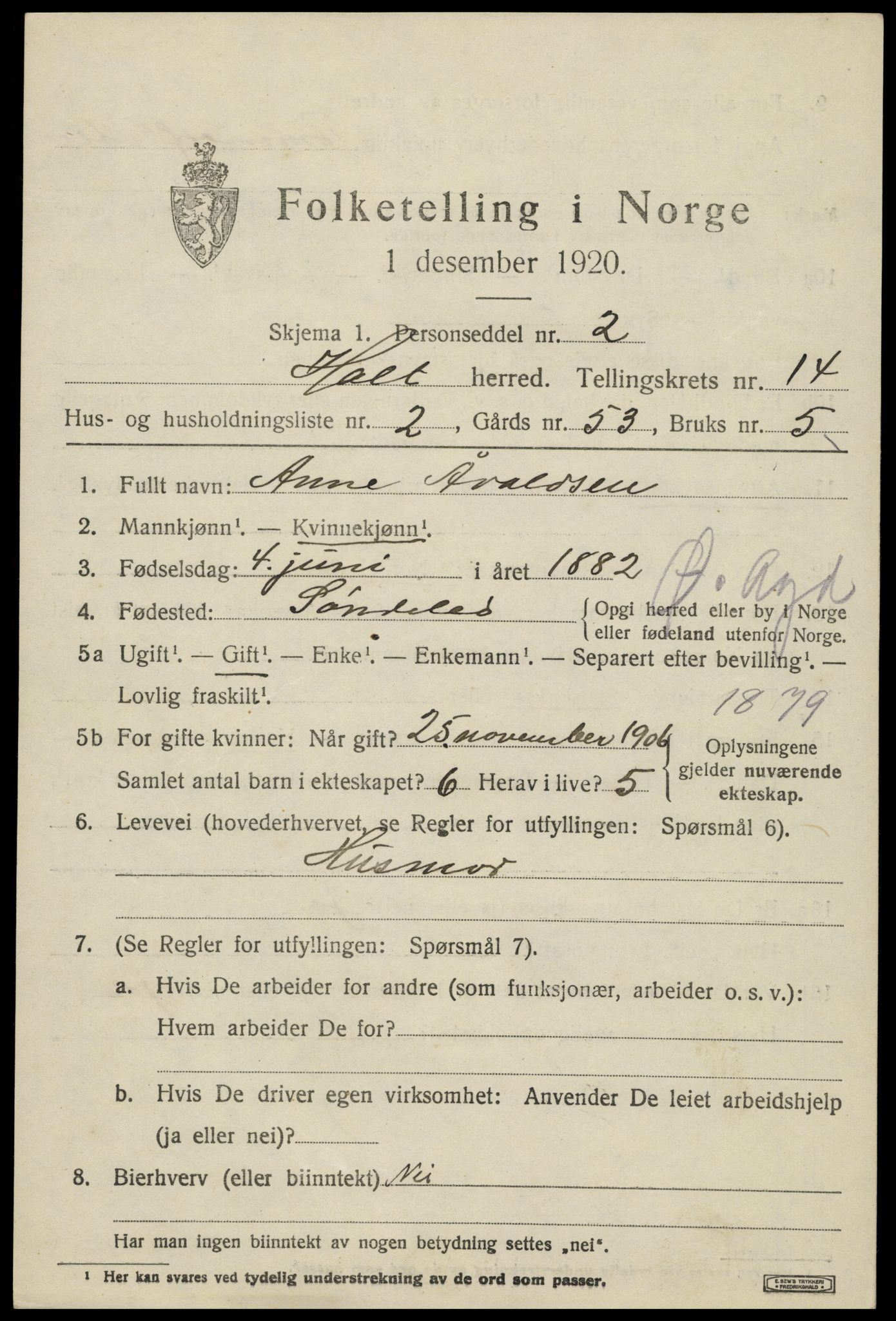 SAK, 1920 census for Holt, 1920, p. 7992