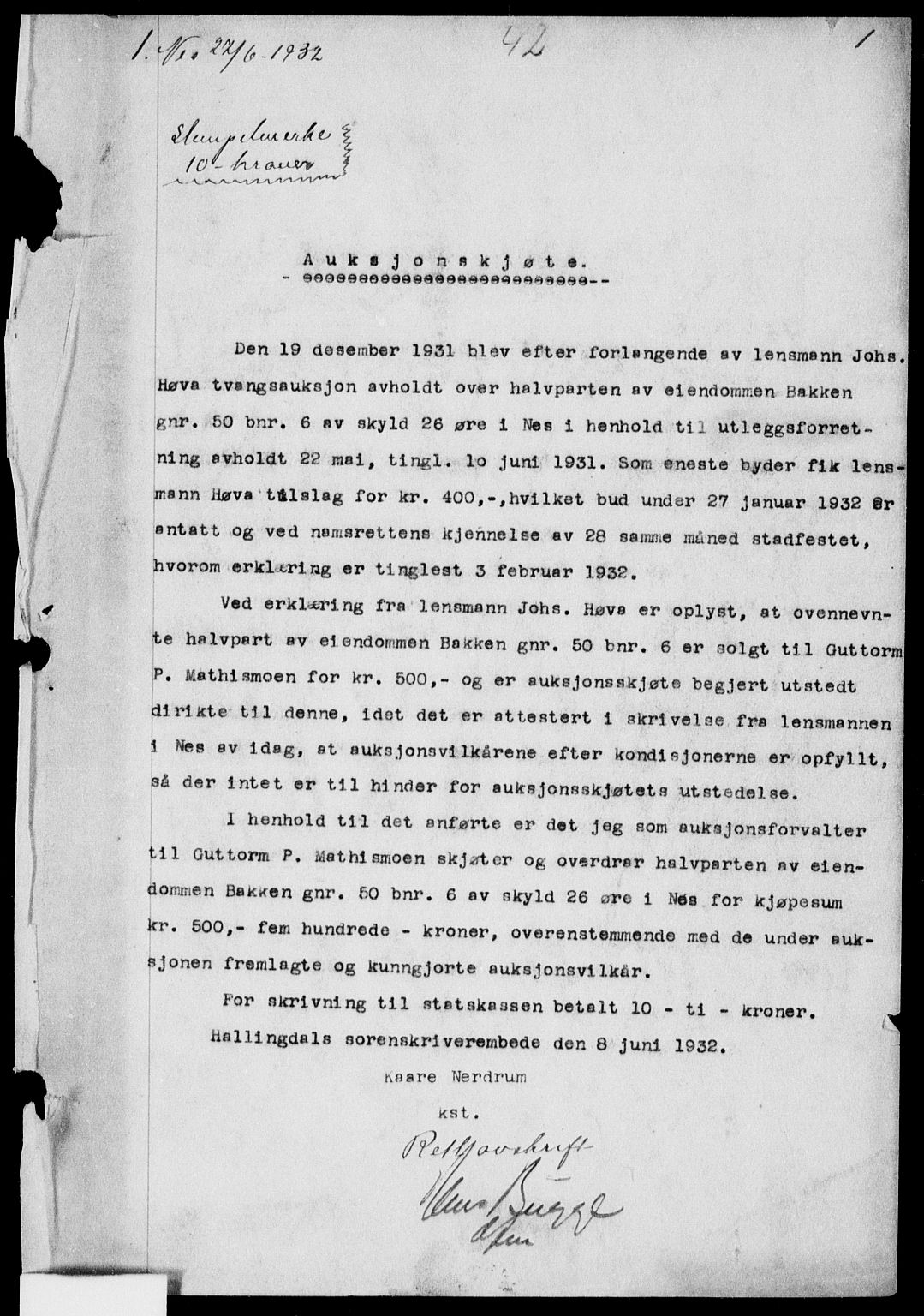 Hallingdal sorenskriveri, AV/SAKO-A-121/G/Ga/L0042: Mortgage book no. 42, 1932-1933, p. 1