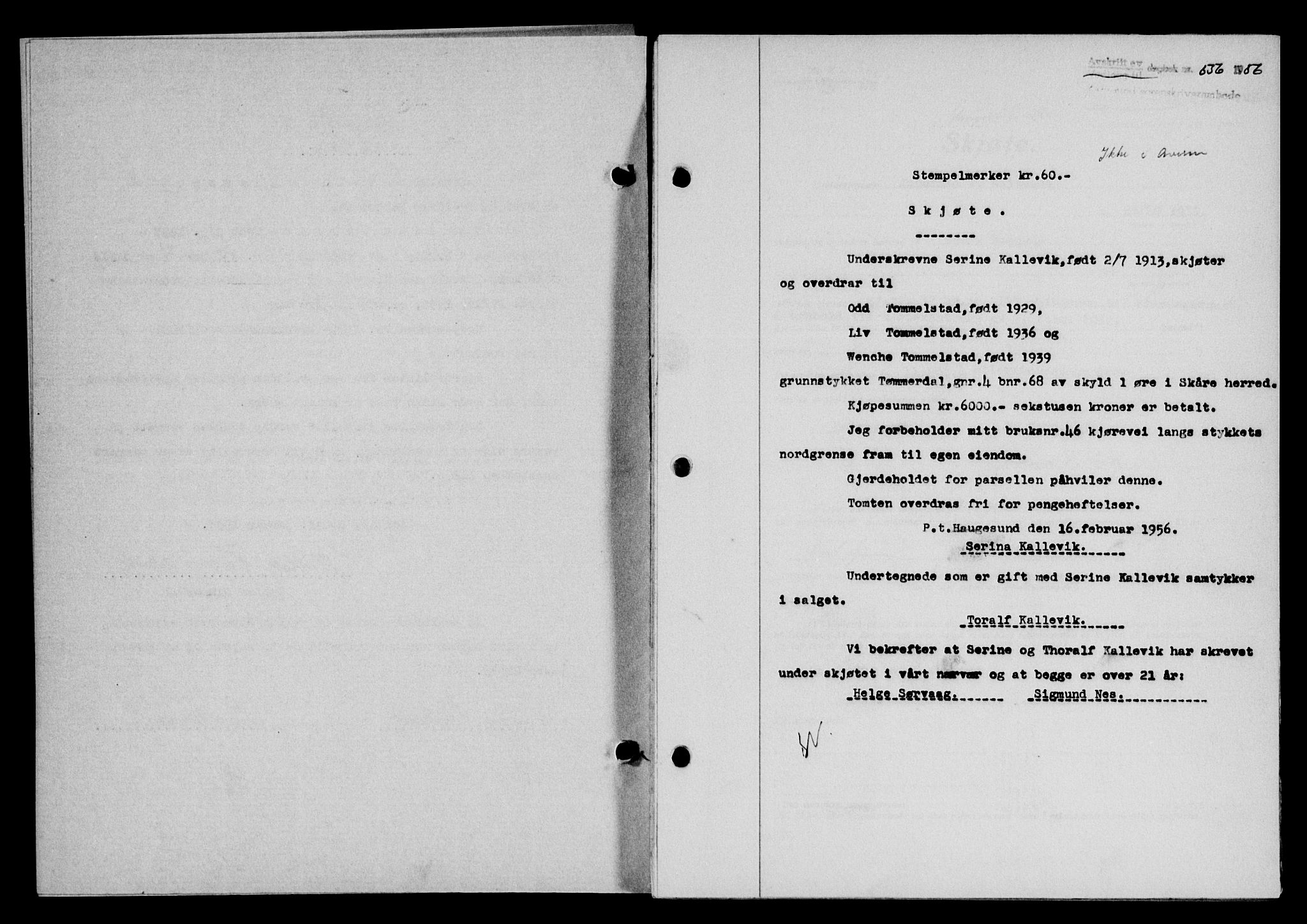Karmsund sorenskriveri, SAST/A-100311/01/II/IIB/L0118: Mortgage book no. 98A, 1955-1956, Diary no: : 556/1956