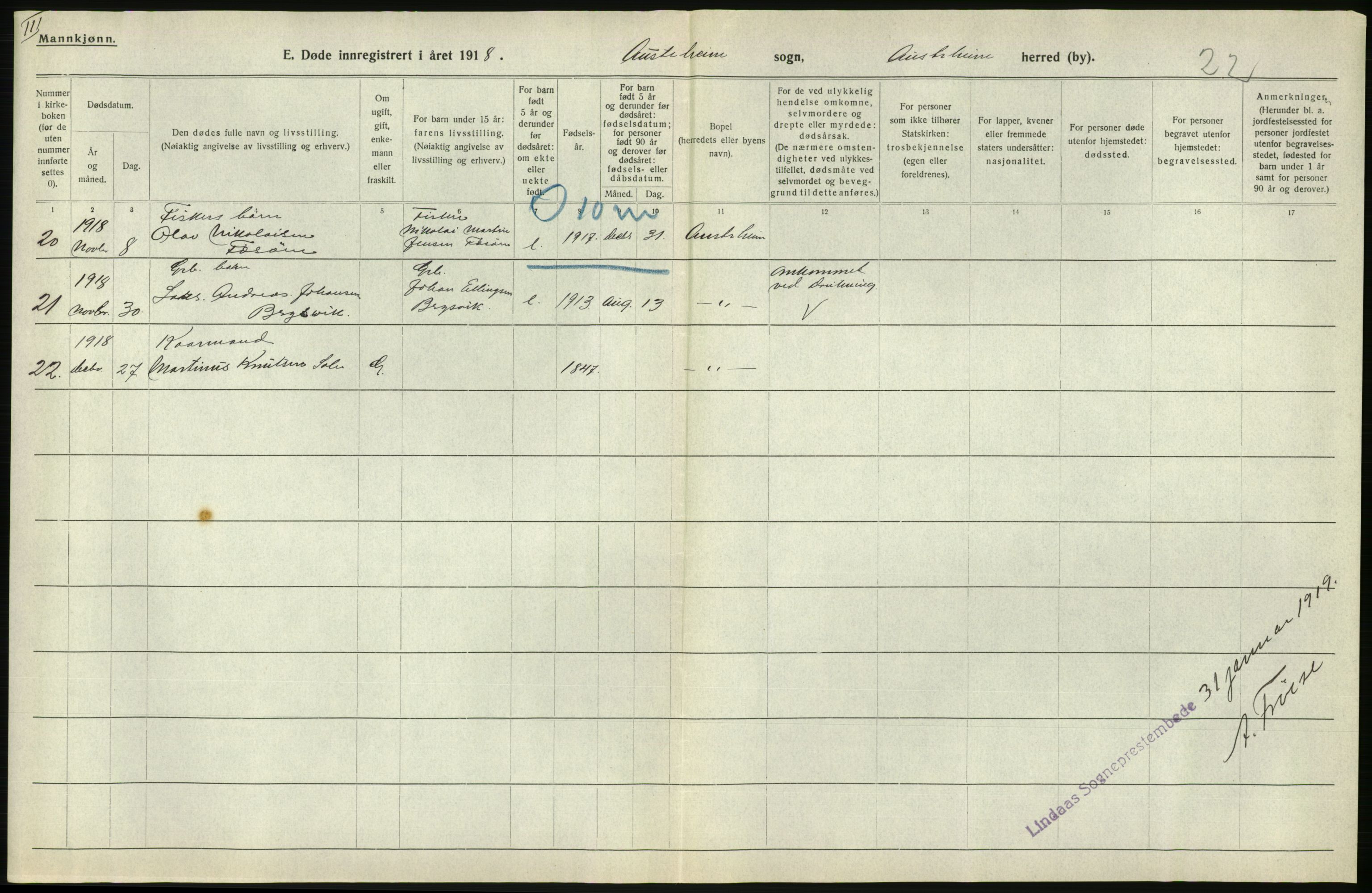 Statistisk sentralbyrå, Sosiodemografiske emner, Befolkning, AV/RA-S-2228/D/Df/Dfb/Dfbh/L0036: Hordaland fylke: Døde., 1918, p. 290