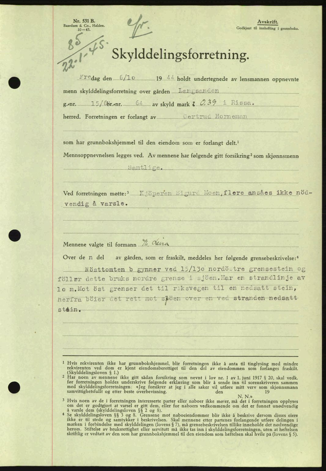 Fosen sorenskriveri, AV/SAT-A-1107/1/2/2C: Mortgage book no. A3, 1943-1945, Diary no: : 85/1945