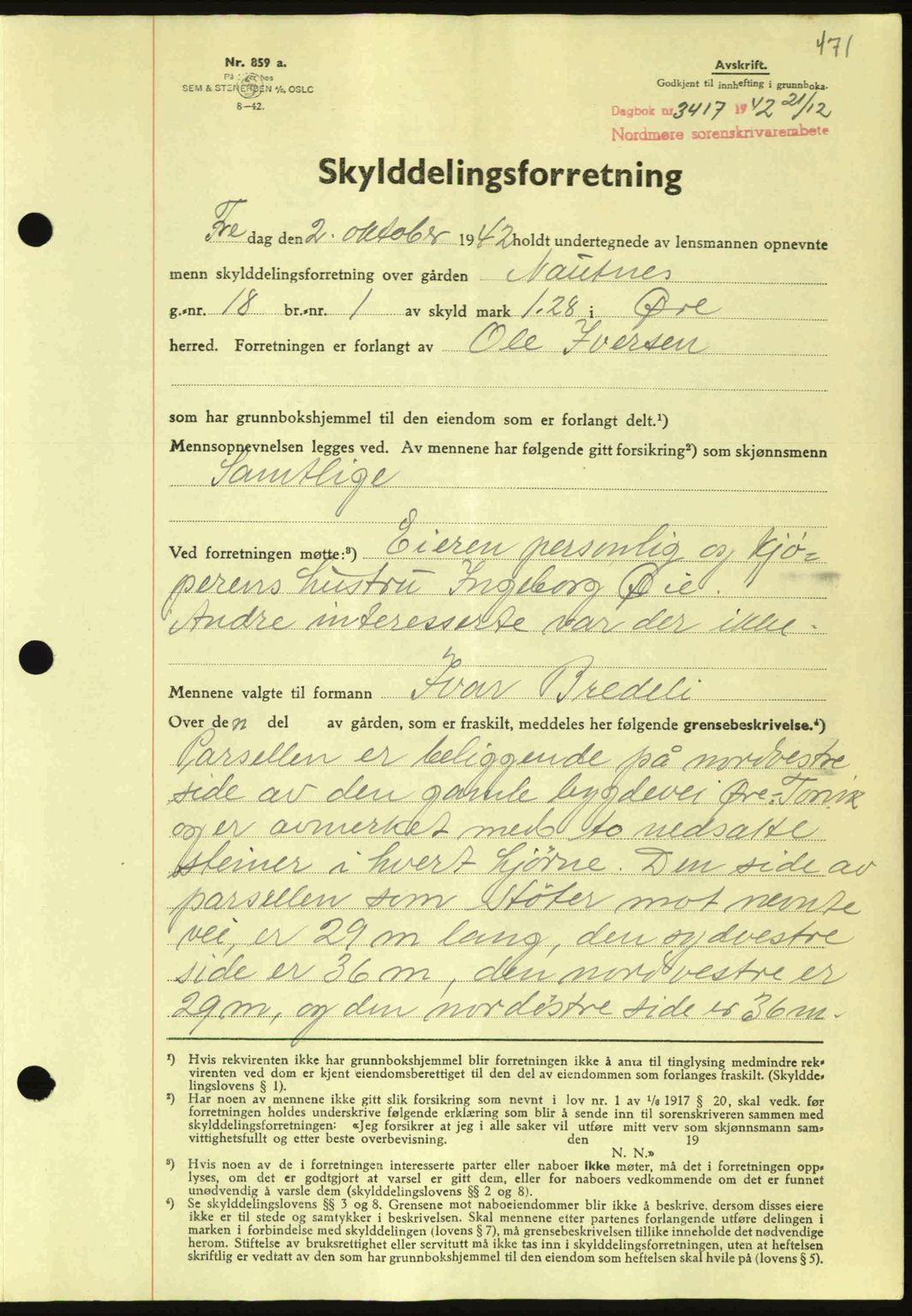 Nordmøre sorenskriveri, AV/SAT-A-4132/1/2/2Ca: Mortgage book no. A94, 1942-1943, Diary no: : 3417/1942