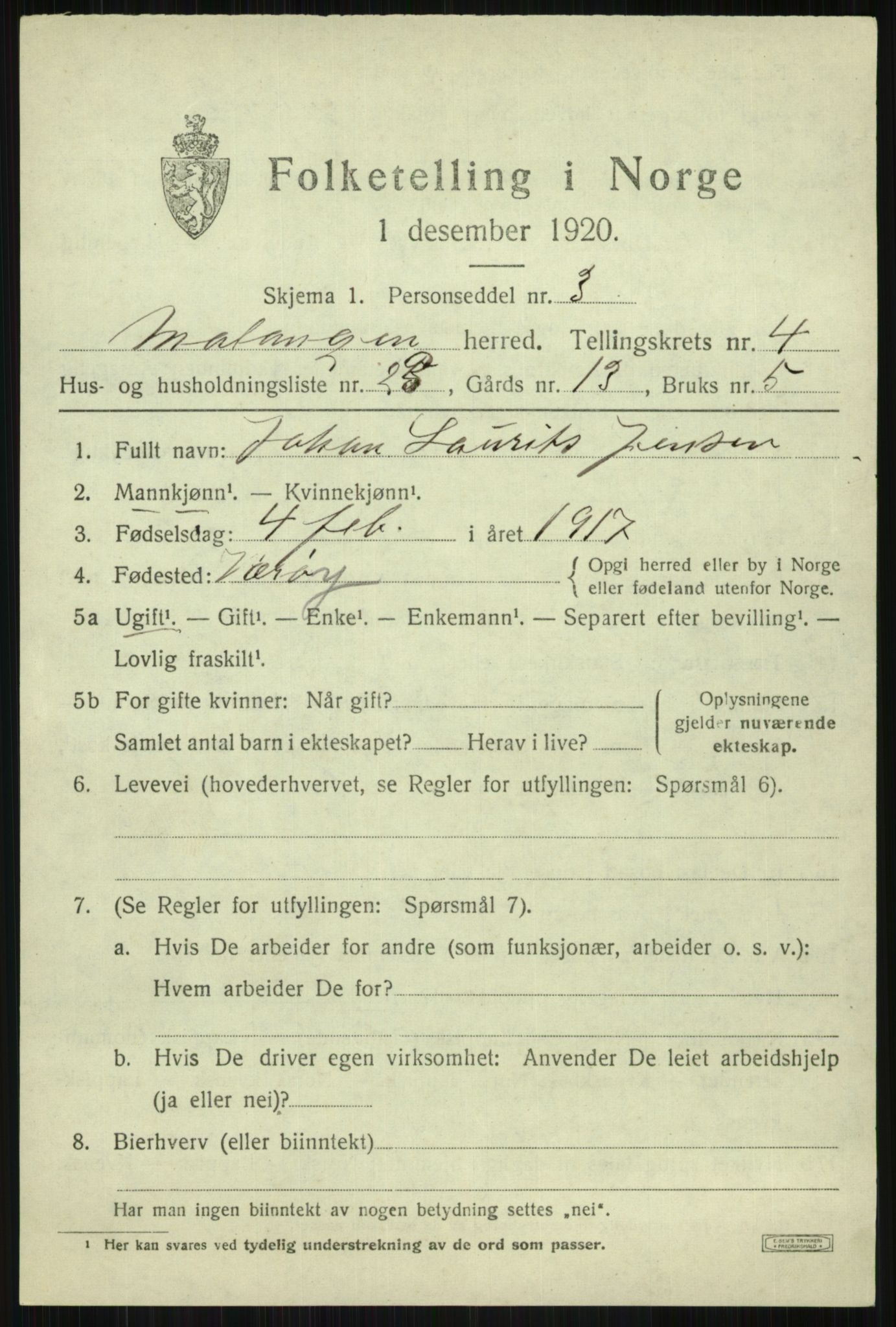 SATØ, 1920 census for Malangen, 1920, p. 1888