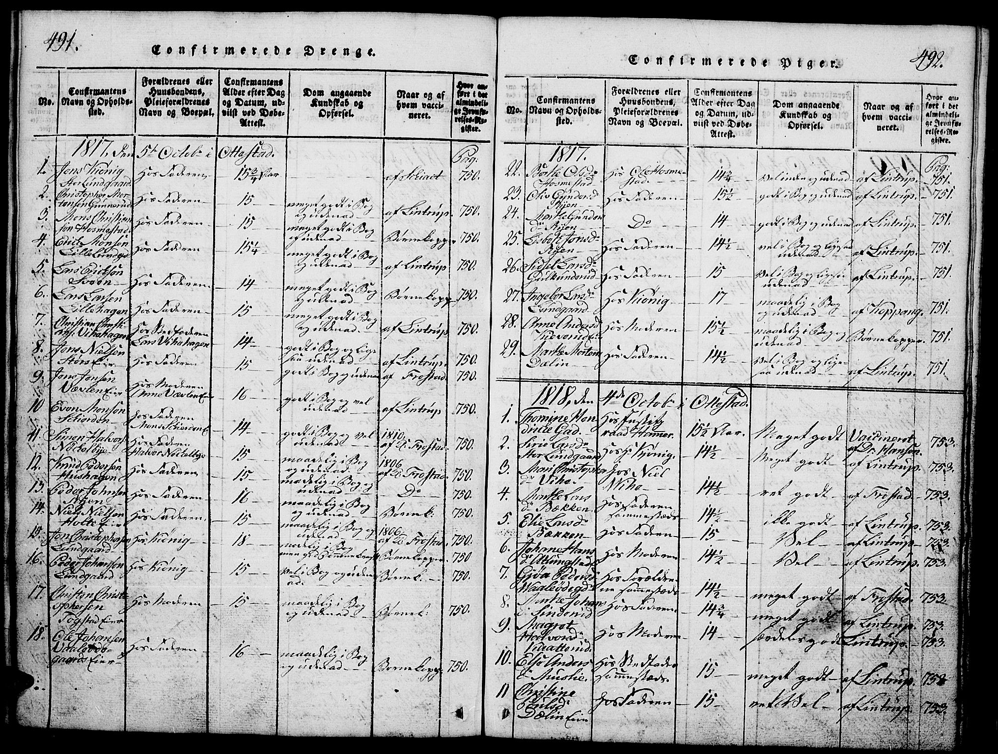 Stange prestekontor, SAH/PREST-002/L/L0001: Parish register (copy) no. 1, 1814-1825, p. 491-492