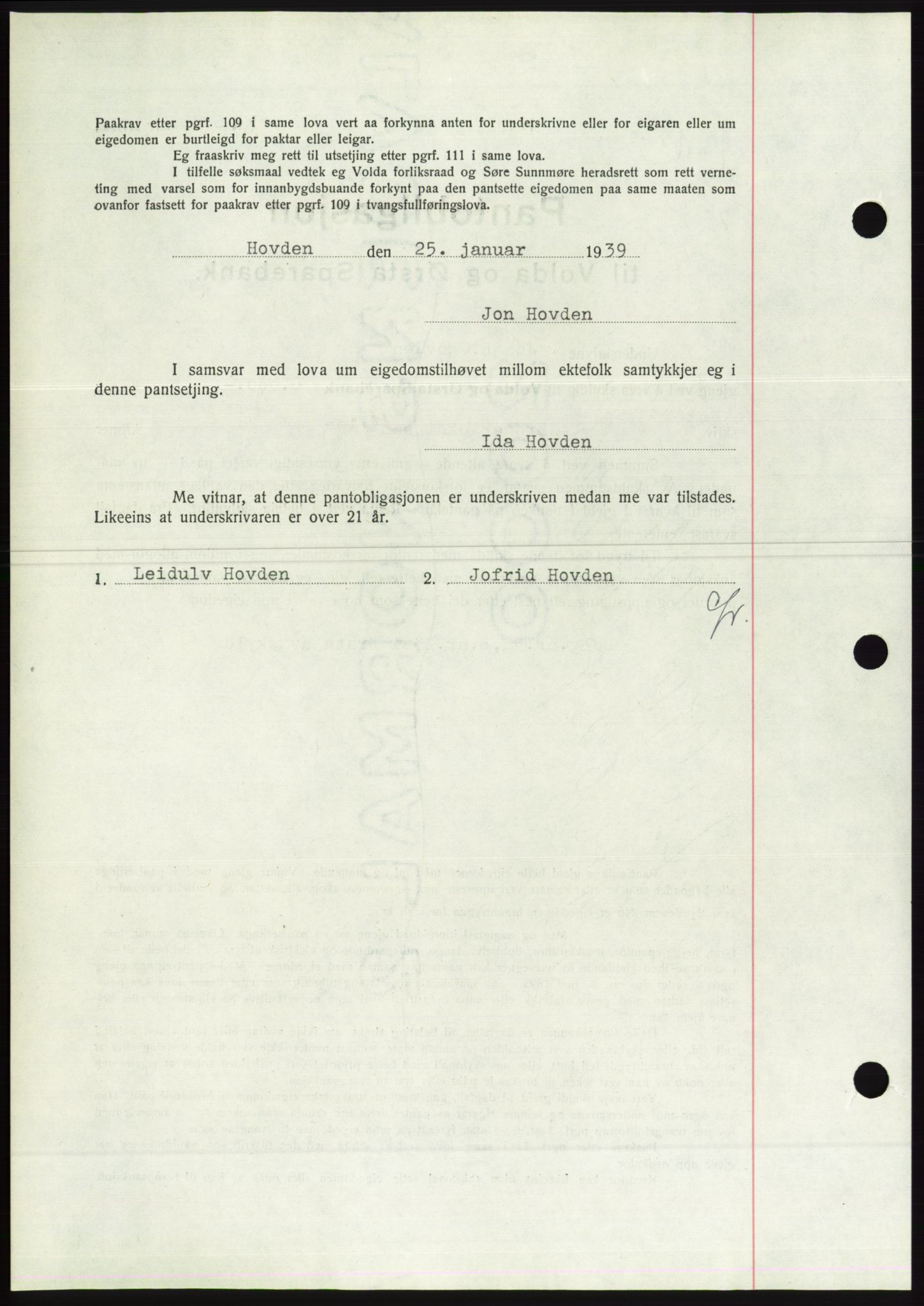 Søre Sunnmøre sorenskriveri, AV/SAT-A-4122/1/2/2C/L0067: Mortgage book no. 61, 1938-1939, Diary no: : 113/1939