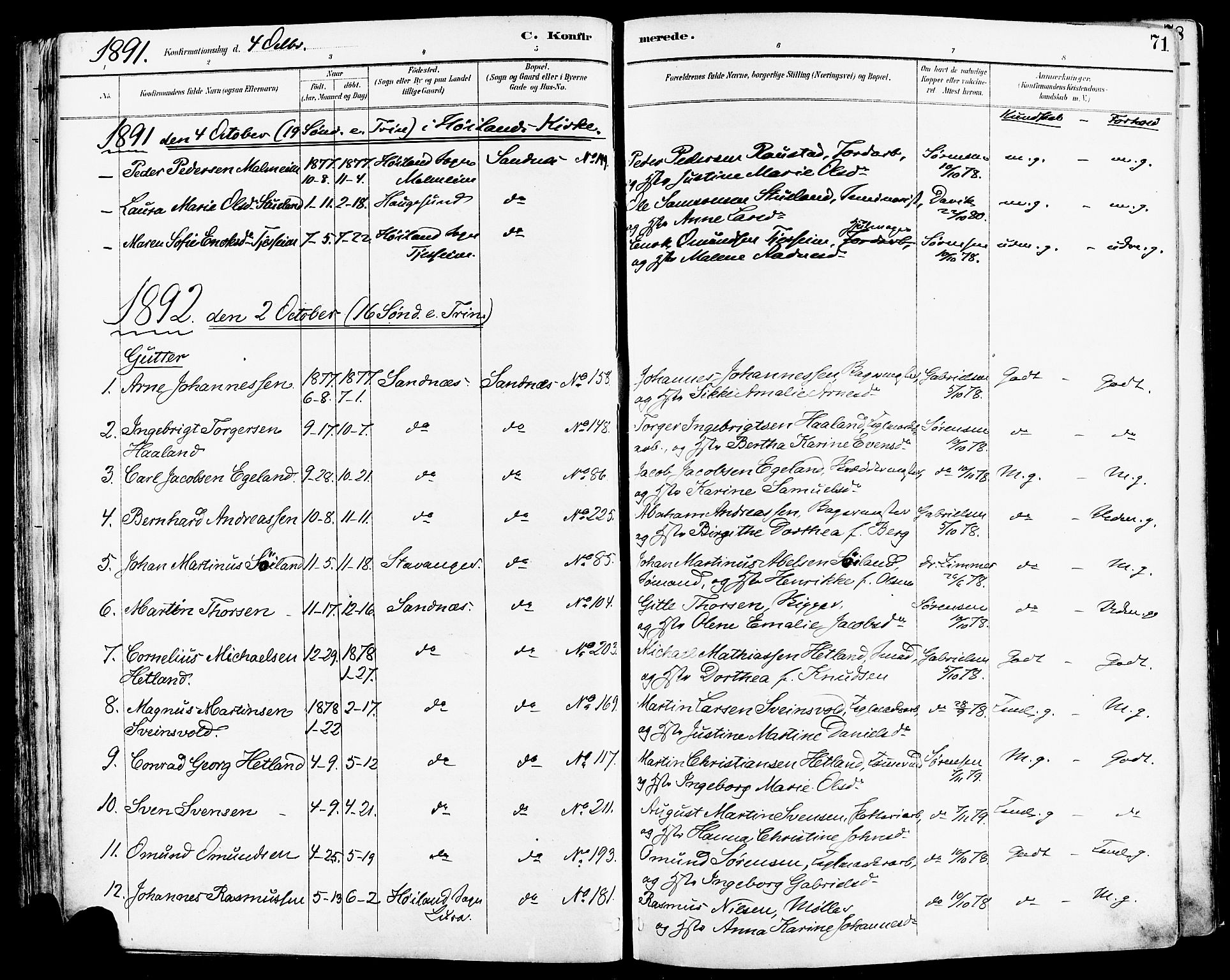 Høyland sokneprestkontor, SAST/A-101799/001/30BA/L0014: Parish register (official) no. A 12, 1890-1898, p. 71