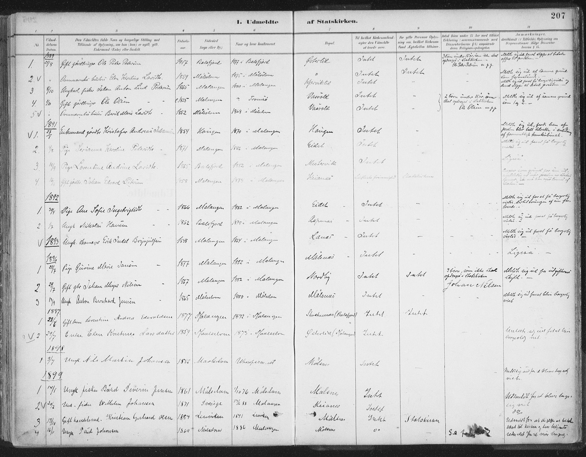 Balsfjord sokneprestembete, SATØ/S-1303/G/Ga/L0007kirke: Parish register (official) no. 7, 1887-1909, p. 207