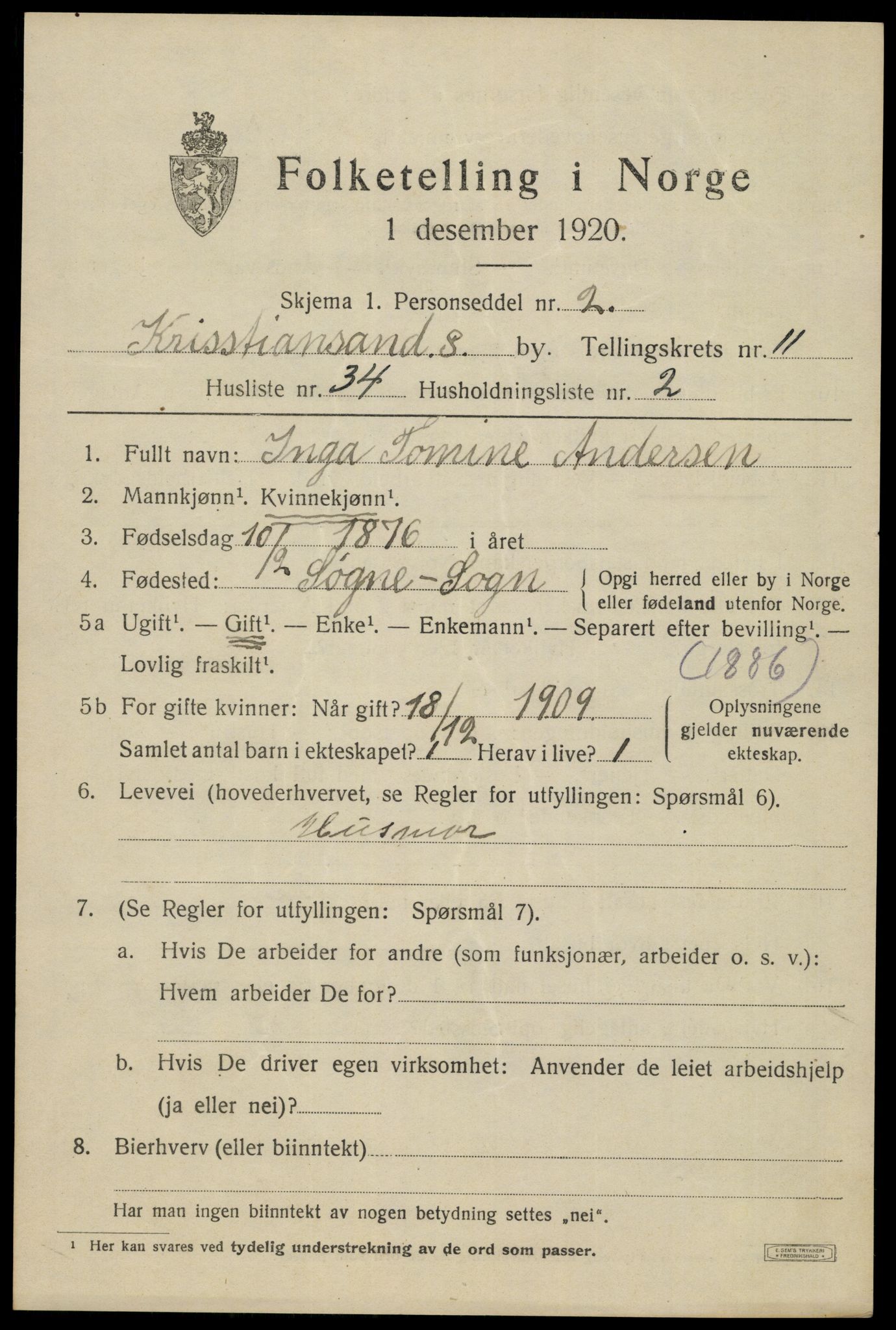 SAK, 1920 census for Kristiansand, 1920, p. 25305