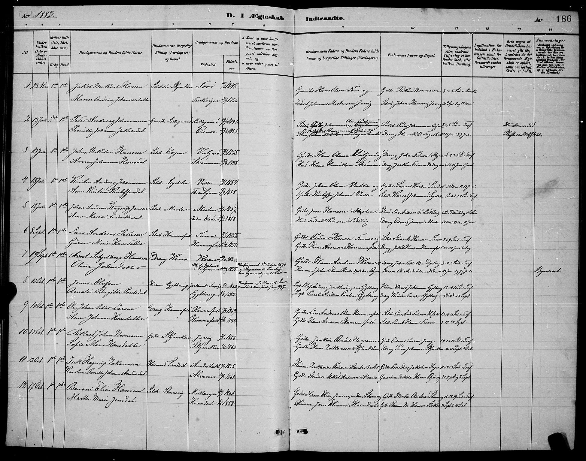 Ministerialprotokoller, klokkerbøker og fødselsregistre - Nordland, AV/SAT-A-1459/853/L0772: Parish register (official) no. 853A11, 1881-1900, p. 186