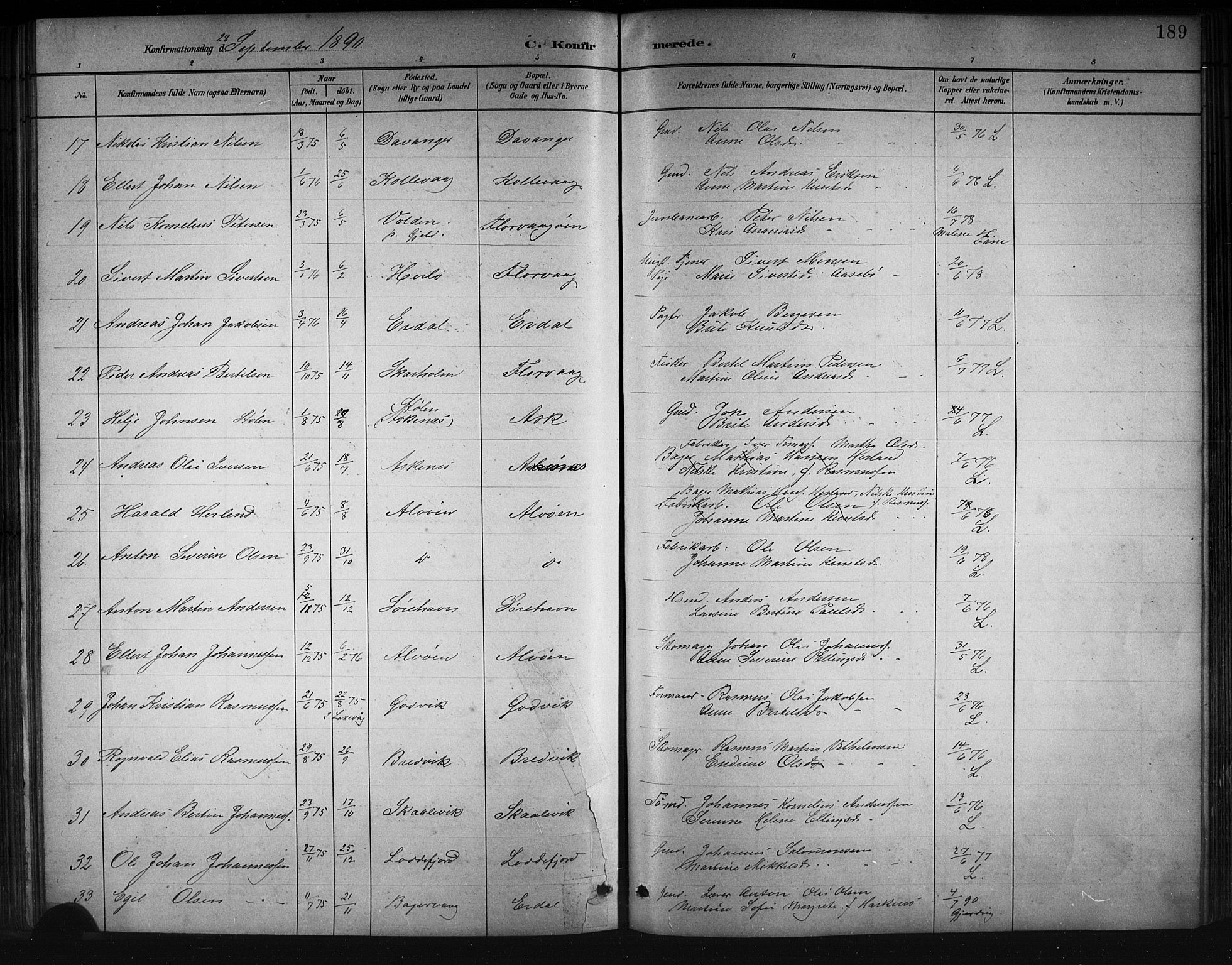 Askøy Sokneprestembete, SAB/A-74101/H/Ha/Hab/Haba/L0008: Parish register (copy) no. A 8, 1882-1893, p. 189