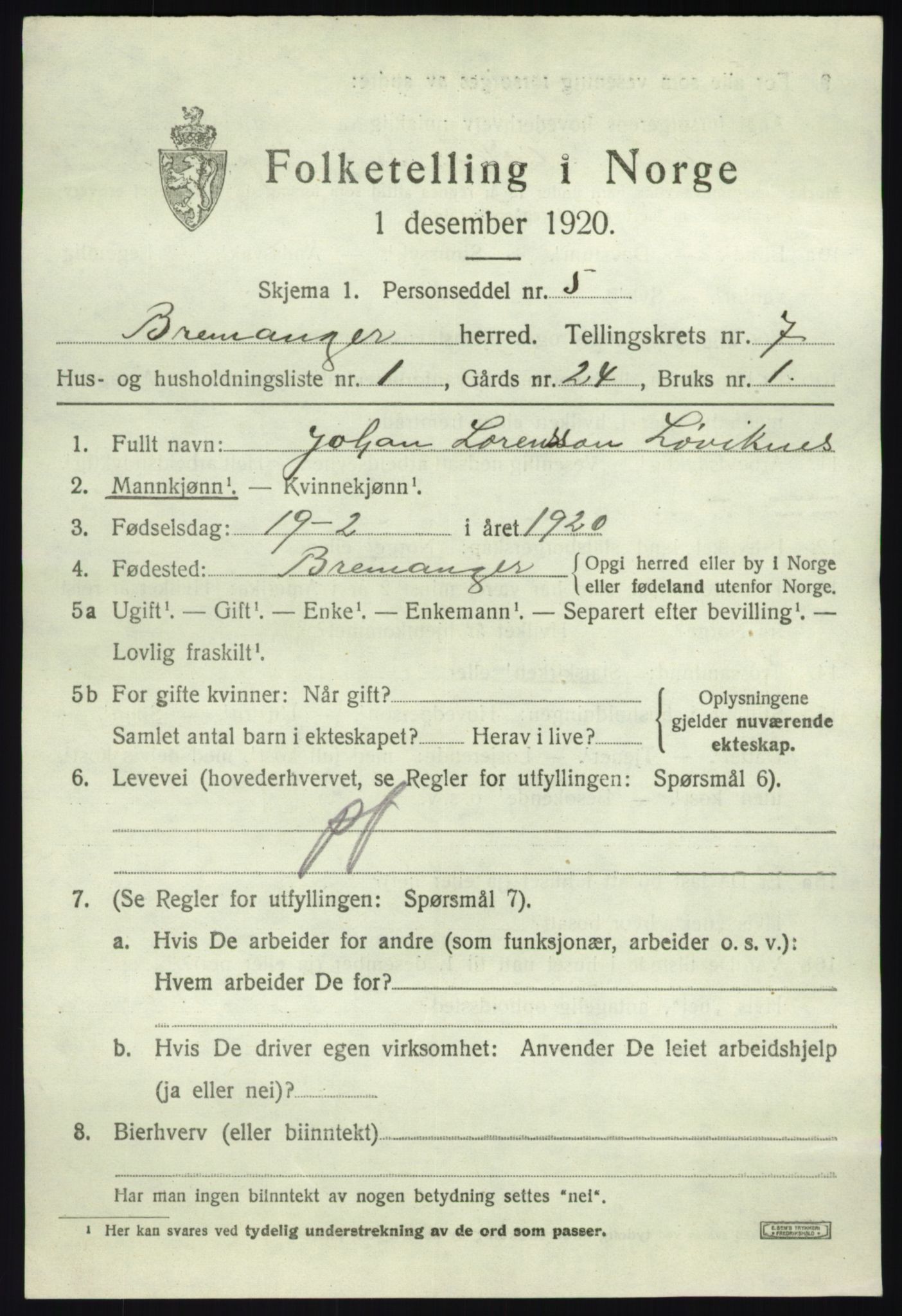 SAB, 1920 census for Bremanger, 1920, p. 4410