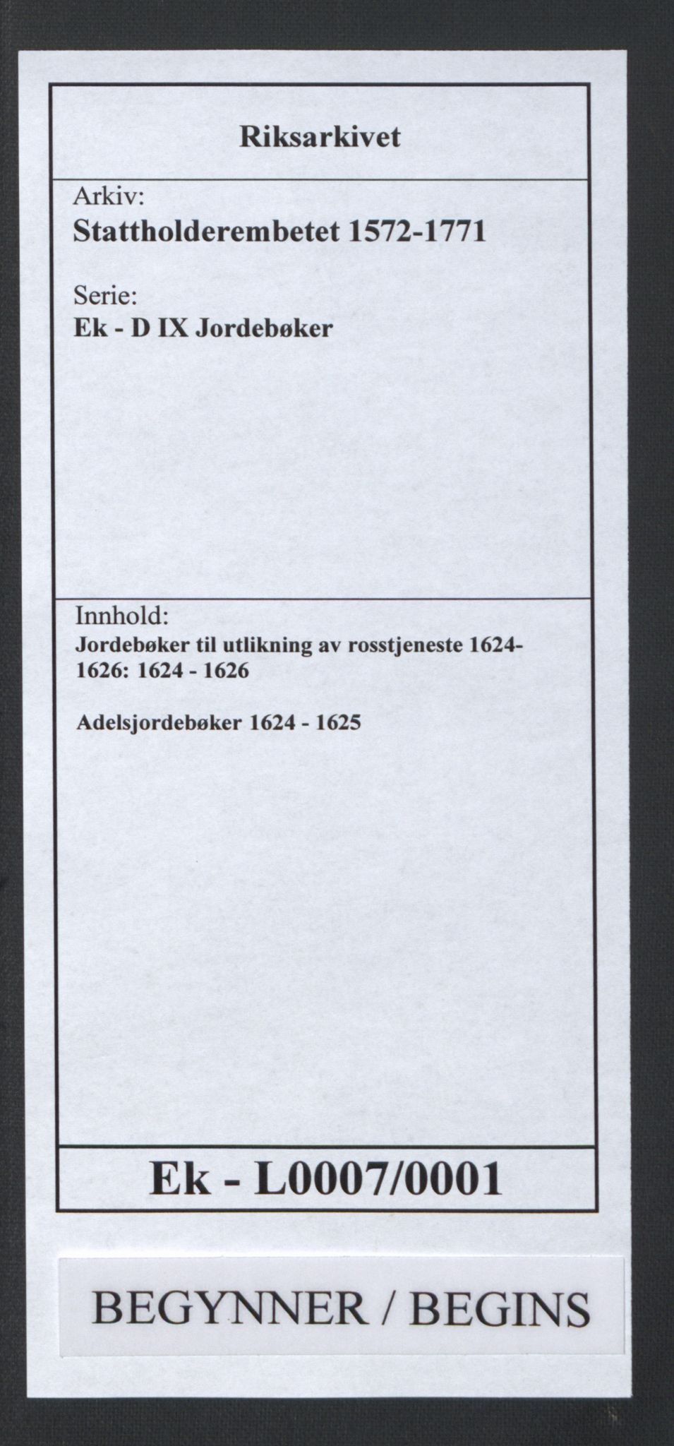 Stattholderembetet 1572-1771, RA/EA-2870/Ek/L0007/0001: Jordebøker til utlikning av rosstjeneste 1624-1626: / Adelsjordebøker, 1624-1625, p. 1