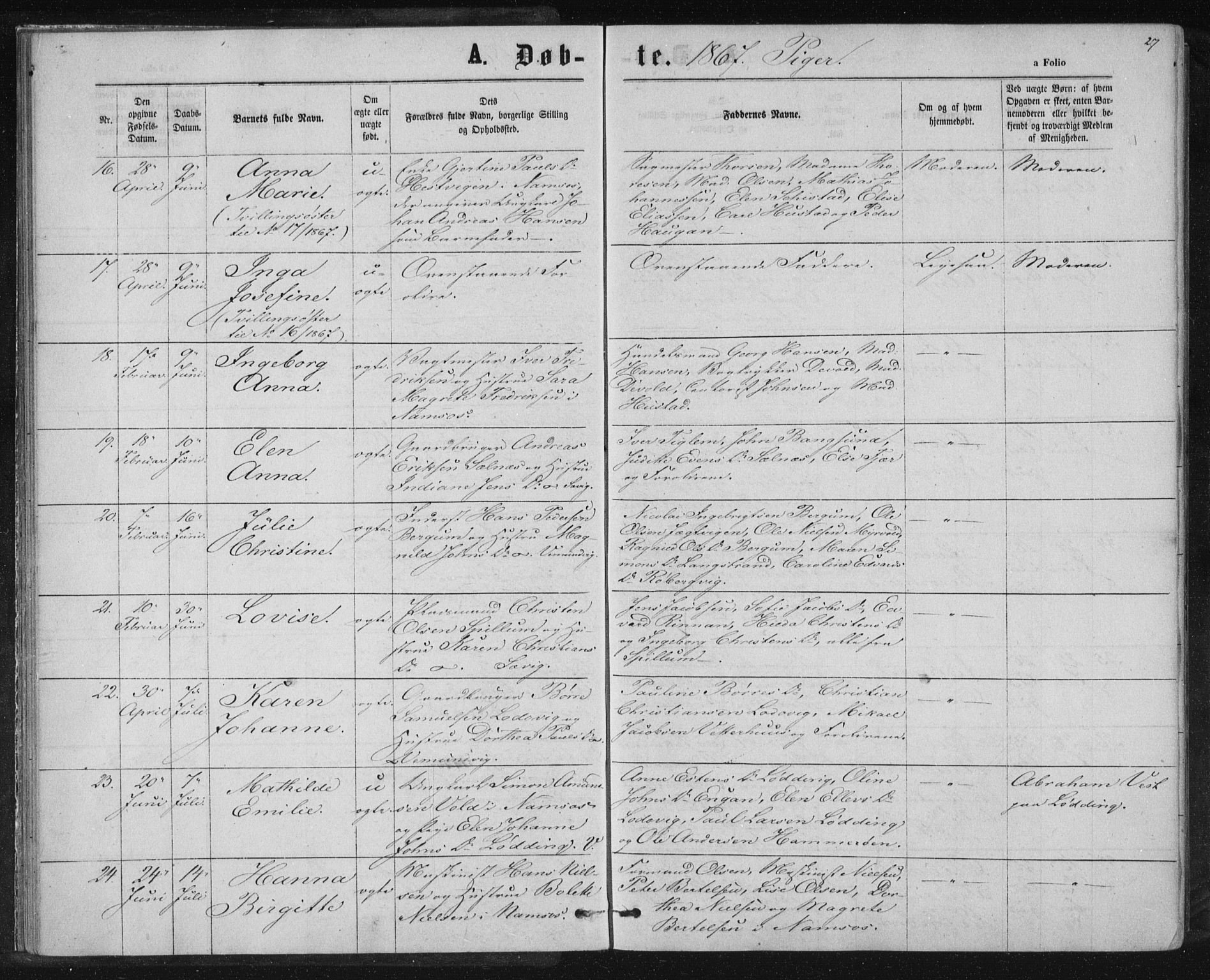 Ministerialprotokoller, klokkerbøker og fødselsregistre - Nord-Trøndelag, AV/SAT-A-1458/768/L0570: Parish register (official) no. 768A05, 1865-1874, p. 27