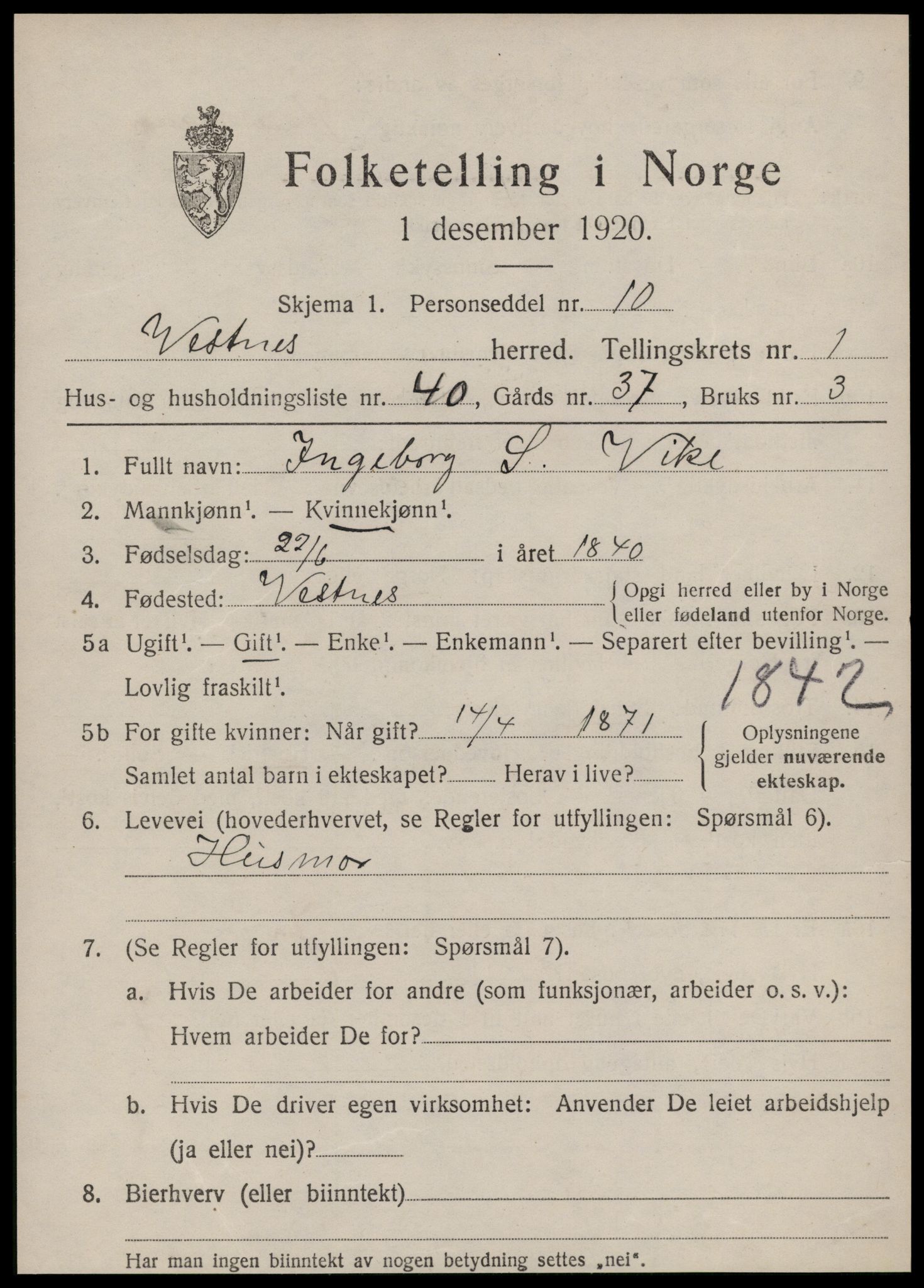 SAT, 1920 census for Vestnes, 1920, p. 1697