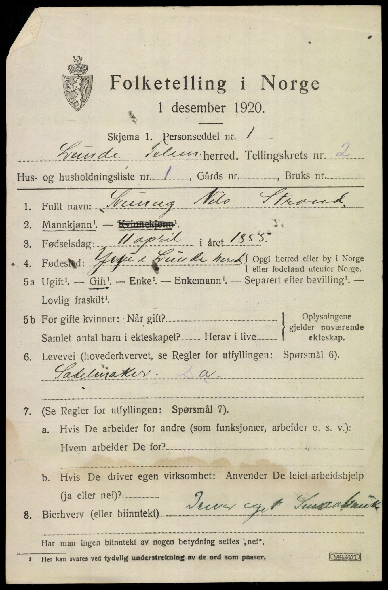 SAKO, 1920 census for Lunde, 1920, p. 1627