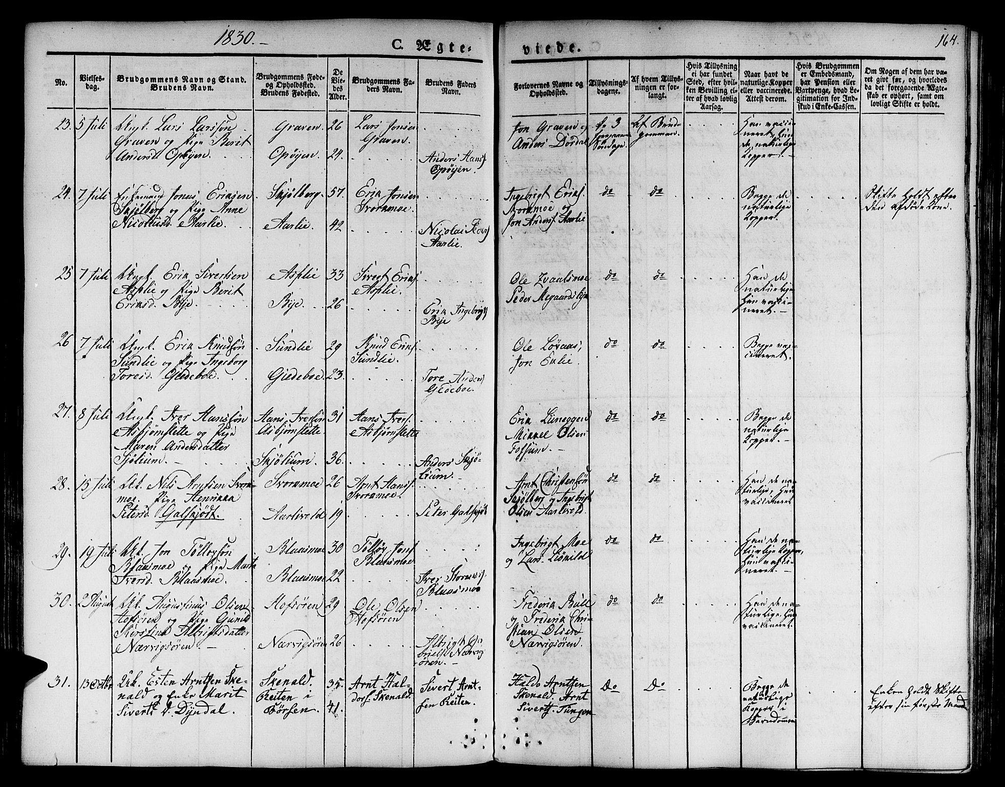 Ministerialprotokoller, klokkerbøker og fødselsregistre - Sør-Trøndelag, SAT/A-1456/668/L0804: Parish register (official) no. 668A04, 1826-1839, p. 164