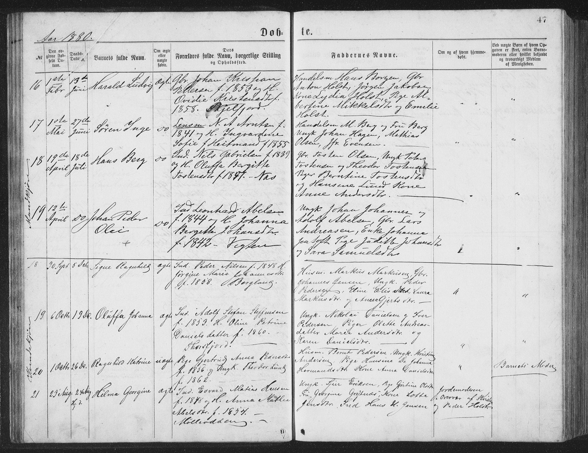 Ministerialprotokoller, klokkerbøker og fødselsregistre - Nordland, AV/SAT-A-1459/885/L1213: Parish register (copy) no. 885C02, 1874-1892, p. 47