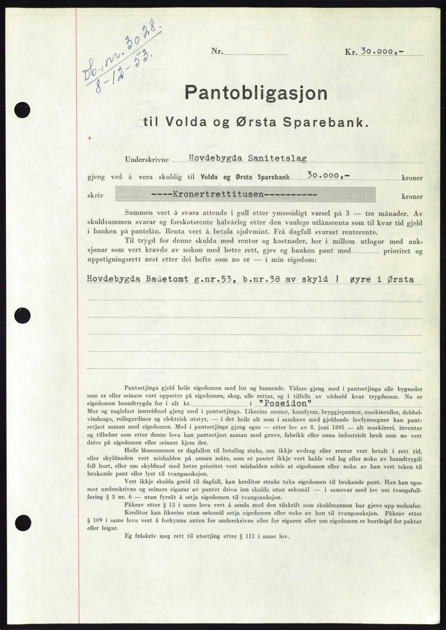 Søre Sunnmøre sorenskriveri, AV/SAT-A-4122/1/2/2C/L0124: Mortgage book no. 12B, 1953-1954, Diary no: : 3028/1953