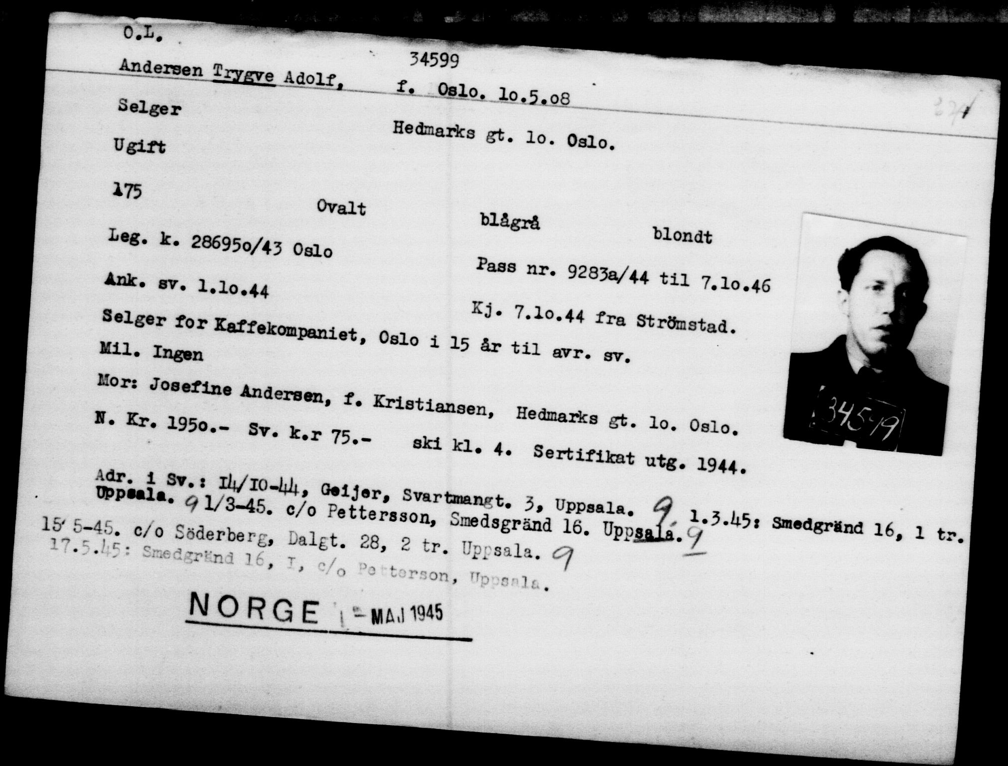 Utenriksstasjonene, Legasjonen i Stockholm, Flyktningkontoret, AV/RA-S-6753/V/Va/L0013: Kjesäterkartoteket, flyktninger med registreringsnr. 31500-34731, 1940-1945, p. 3264