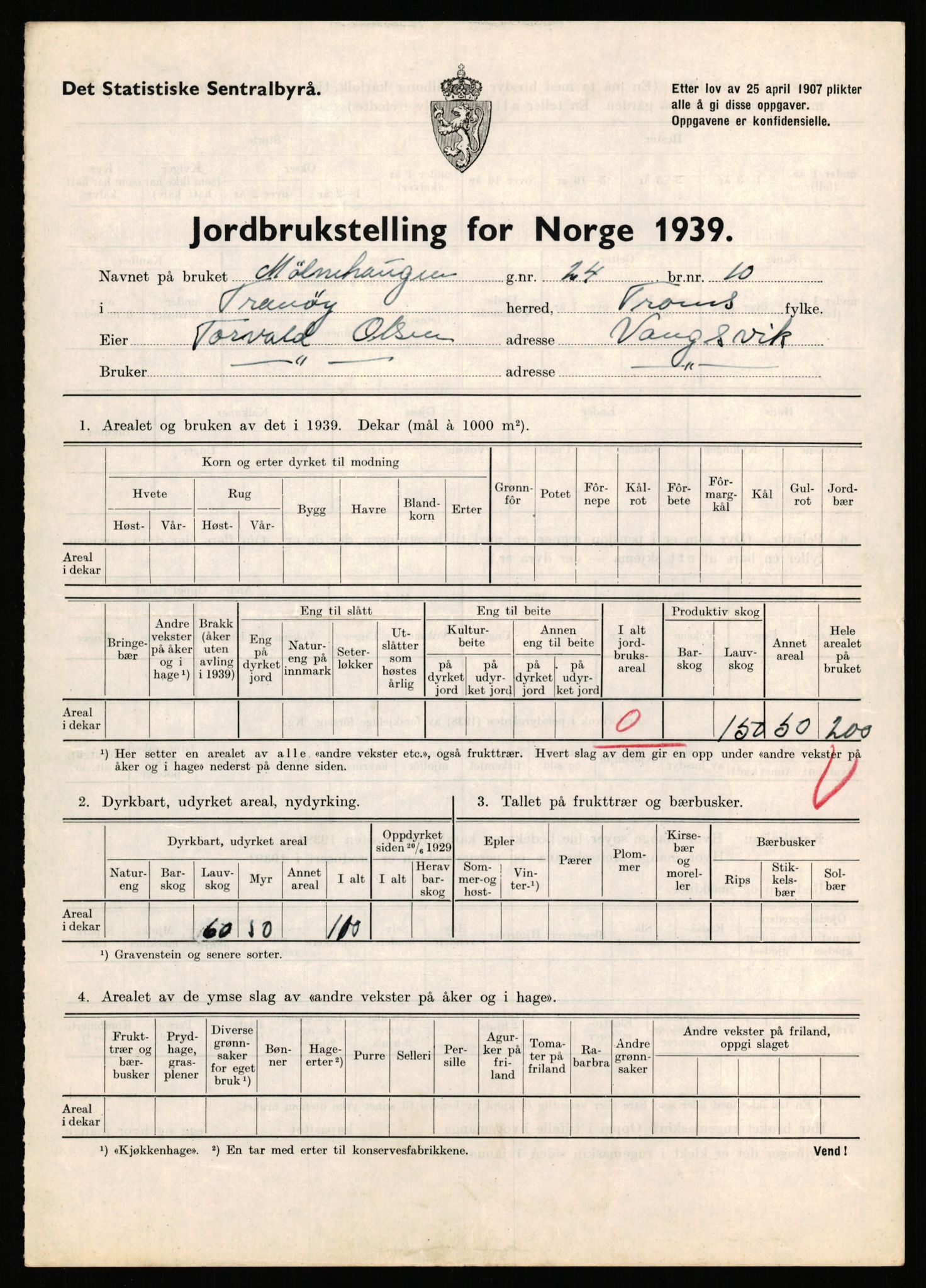 Statistisk sentralbyrå, Næringsøkonomiske emner, Jordbruk, skogbruk, jakt, fiske og fangst, AV/RA-S-2234/G/Gb/L0341: Troms: Sørreisa og Tranøy, 1939, p. 859