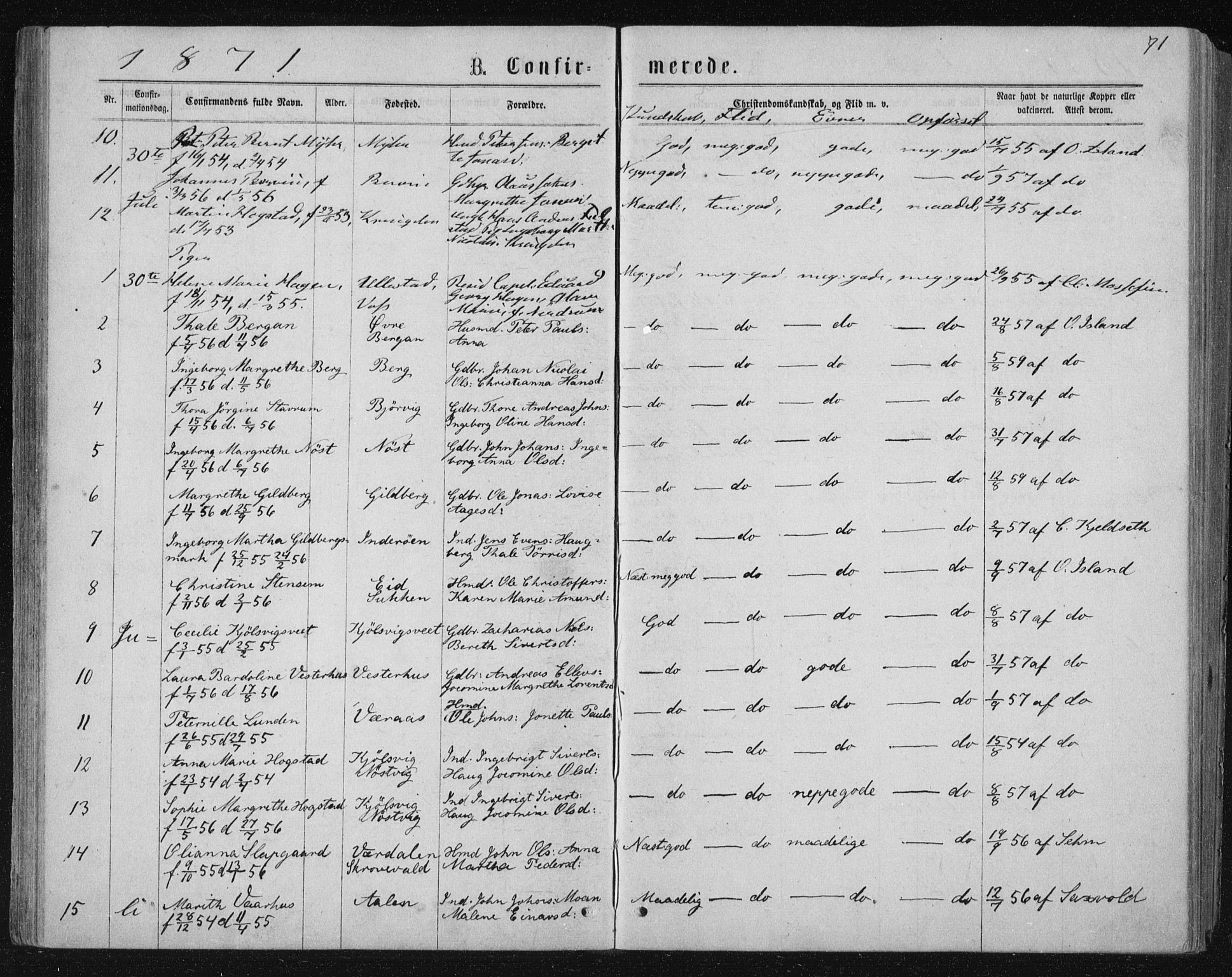 Ministerialprotokoller, klokkerbøker og fødselsregistre - Nord-Trøndelag, AV/SAT-A-1458/722/L0219: Parish register (official) no. 722A06, 1868-1880, p. 71