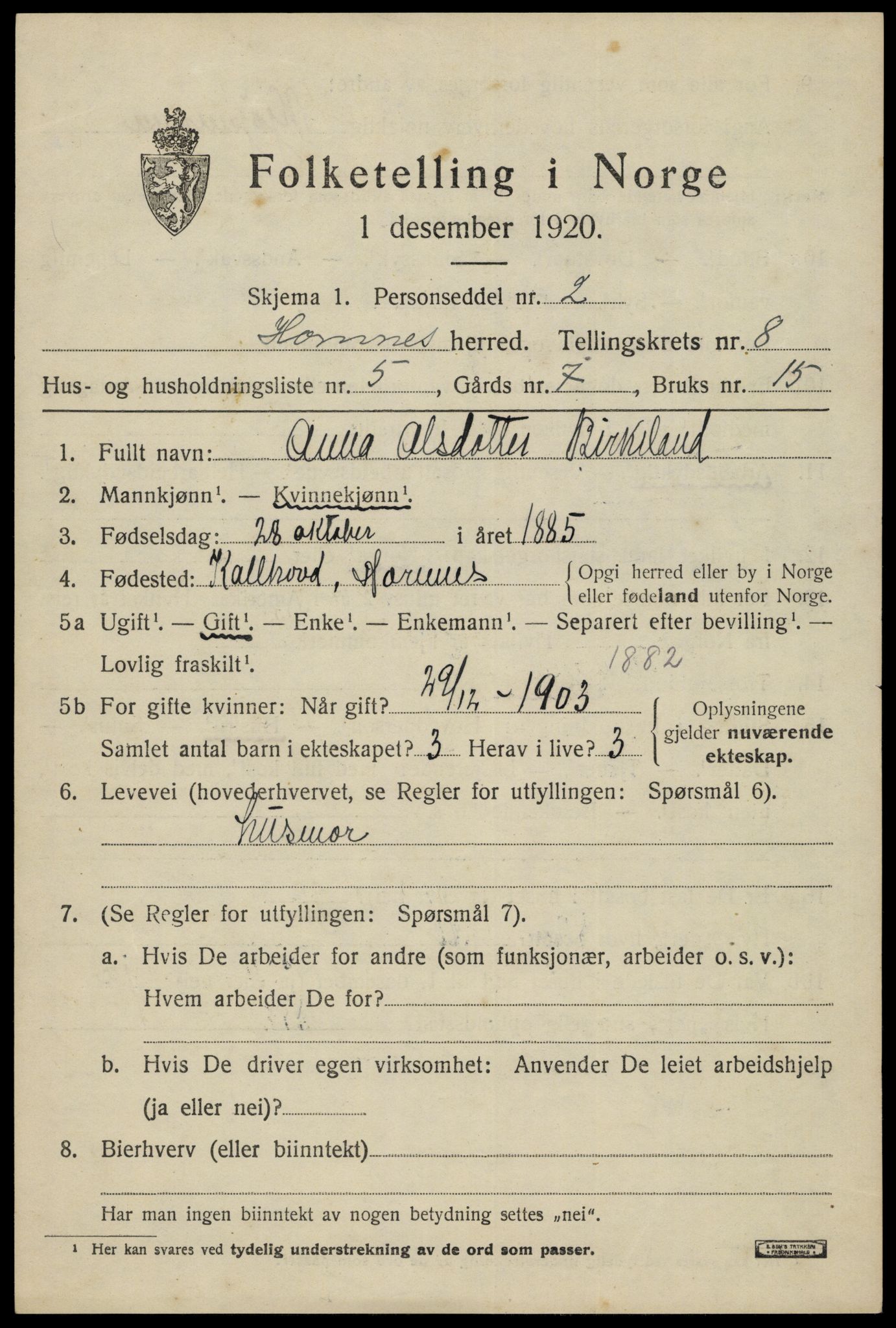 SAK, 1920 census for Hornnes, 1920, p. 1833