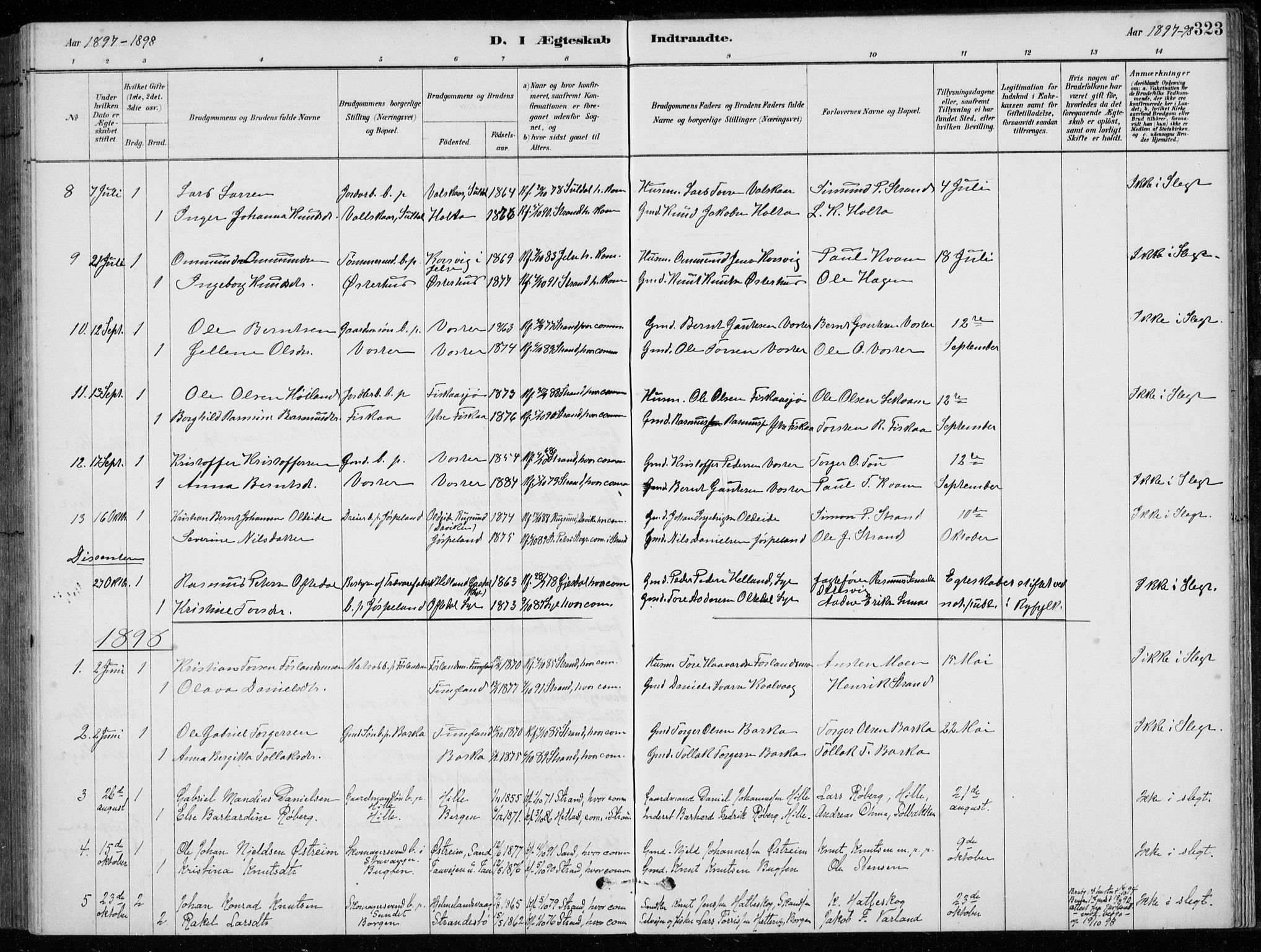 Strand sokneprestkontor, SAST/A-101828/H/Ha/Hab/L0004: Parish register (copy) no. B 4, 1878-1903, p. 323