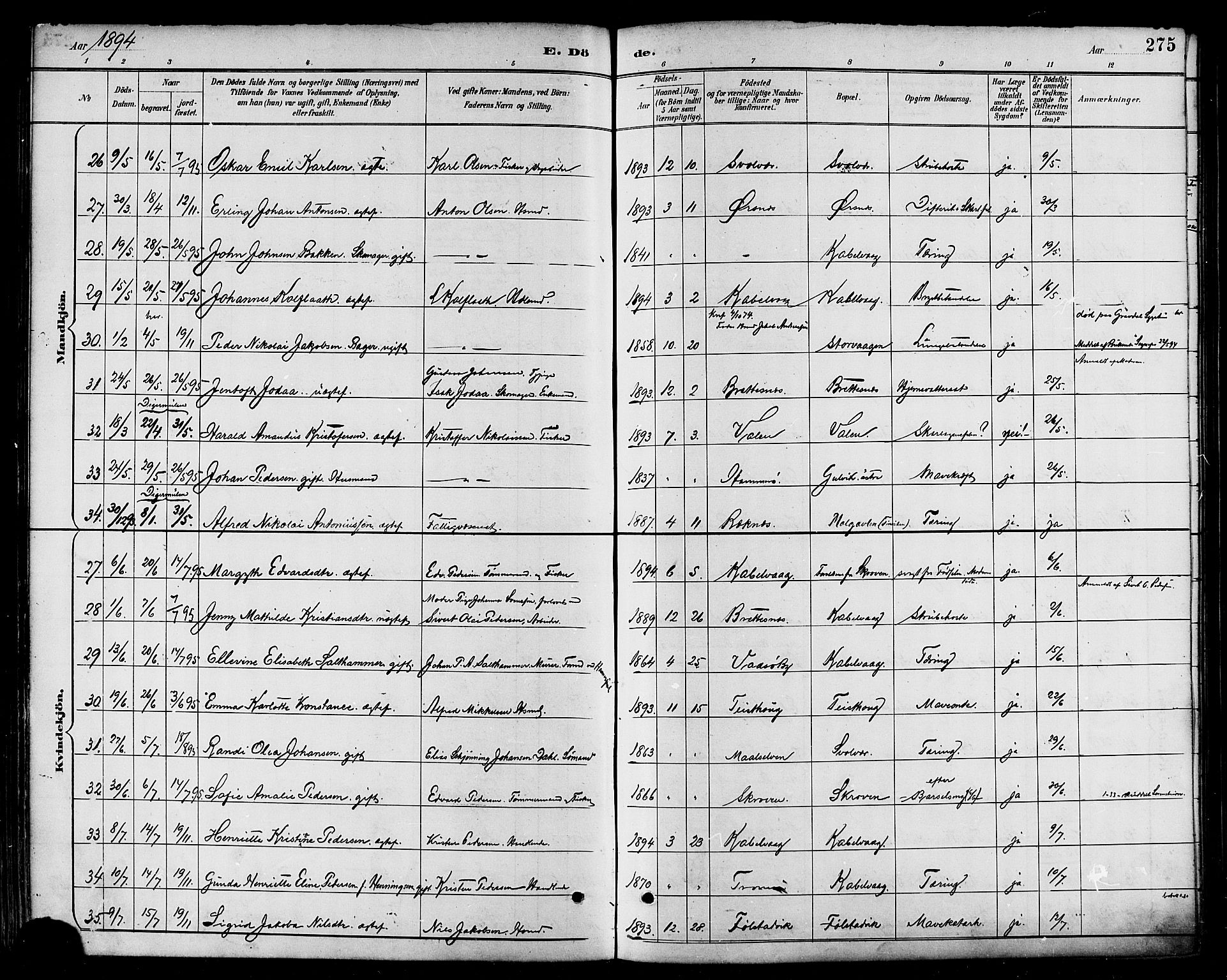 Ministerialprotokoller, klokkerbøker og fødselsregistre - Nordland, SAT/A-1459/874/L1060: Parish register (official) no. 874A04, 1890-1899, p. 275