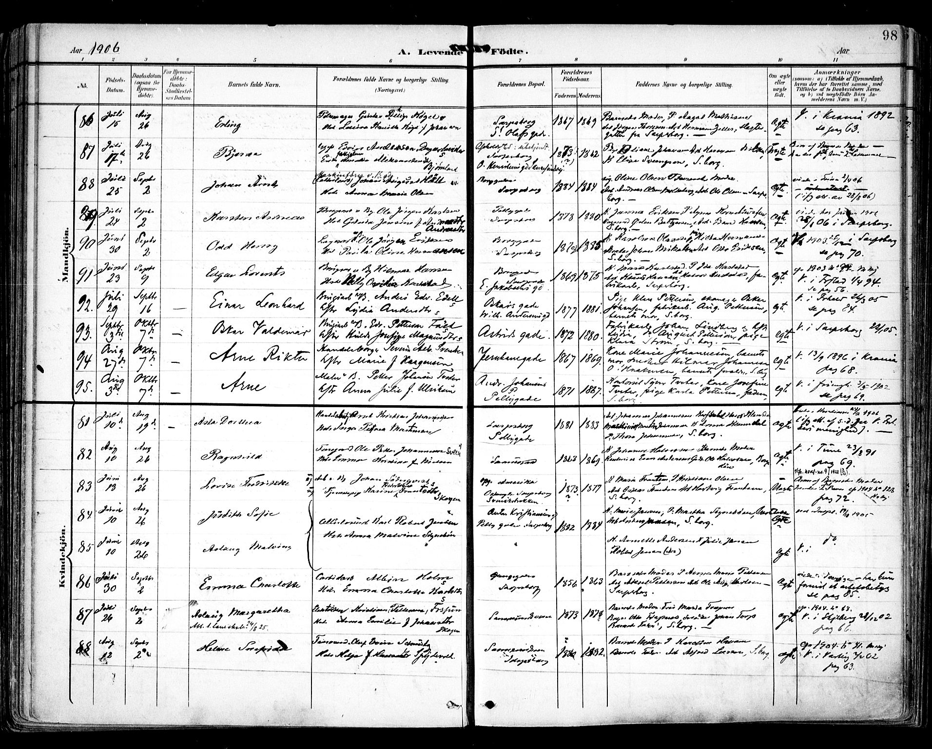 Sarpsborg prestekontor Kirkebøker, AV/SAO-A-2006/F/Fa/L0005: Parish register (official) no. 5, 1900-1909, p. 98
