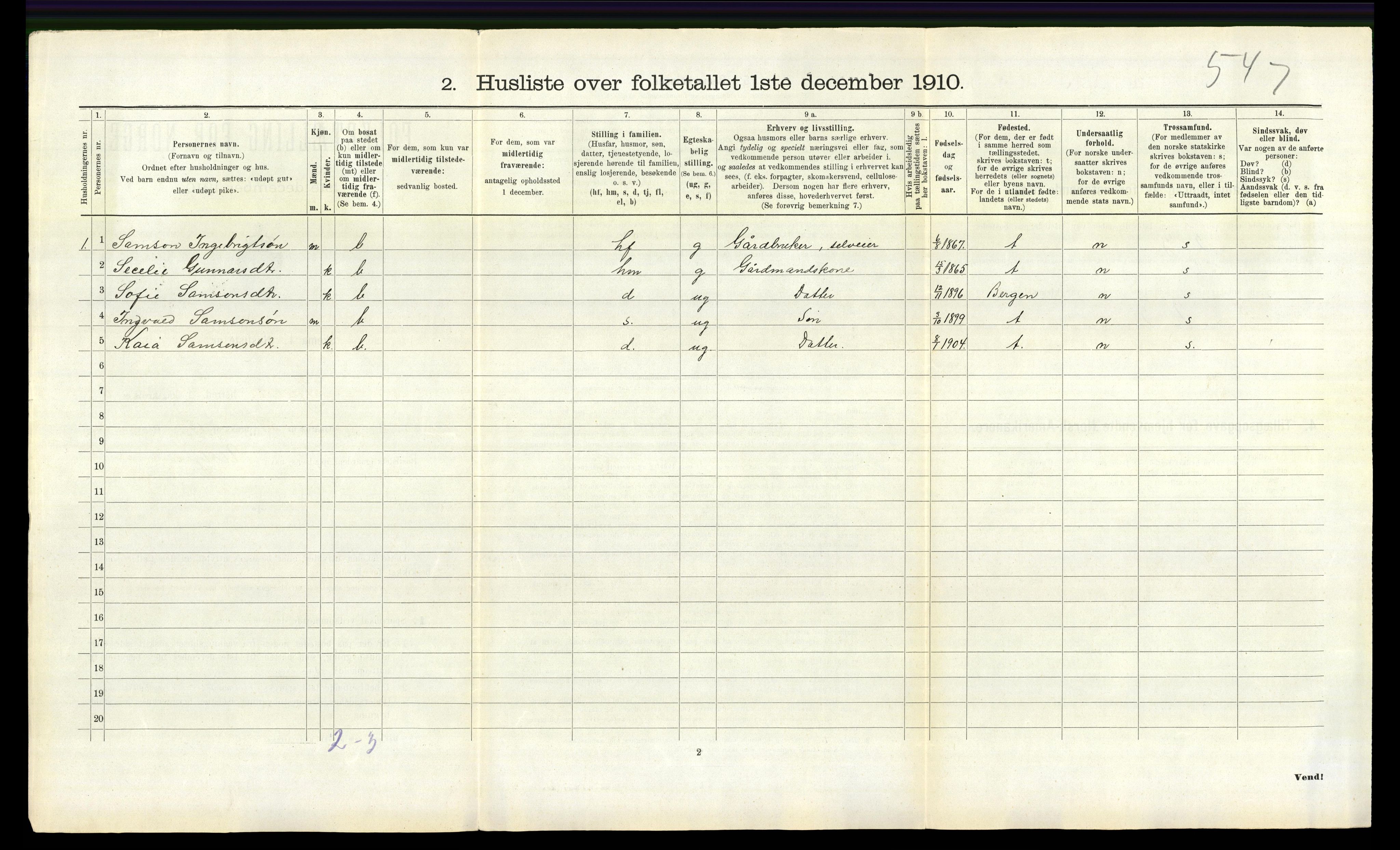 RA, 1910 census for Fjelberg, 1910, p. 608