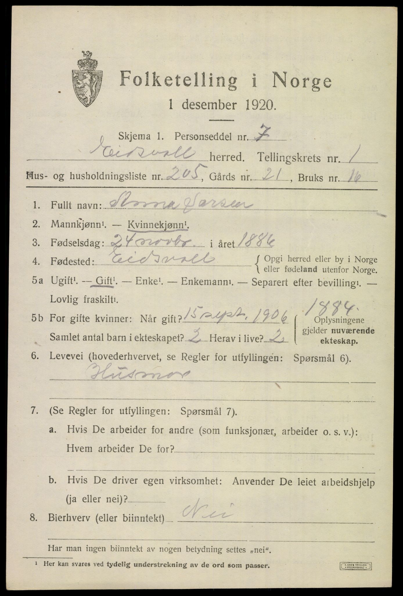 SAO, 1920 census for Eidsvoll, 1920, p. 6459