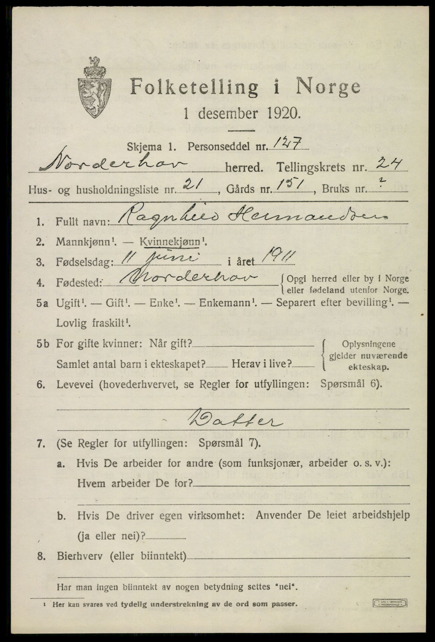 SAKO, 1920 census for Norderhov, 1920, p. 23697