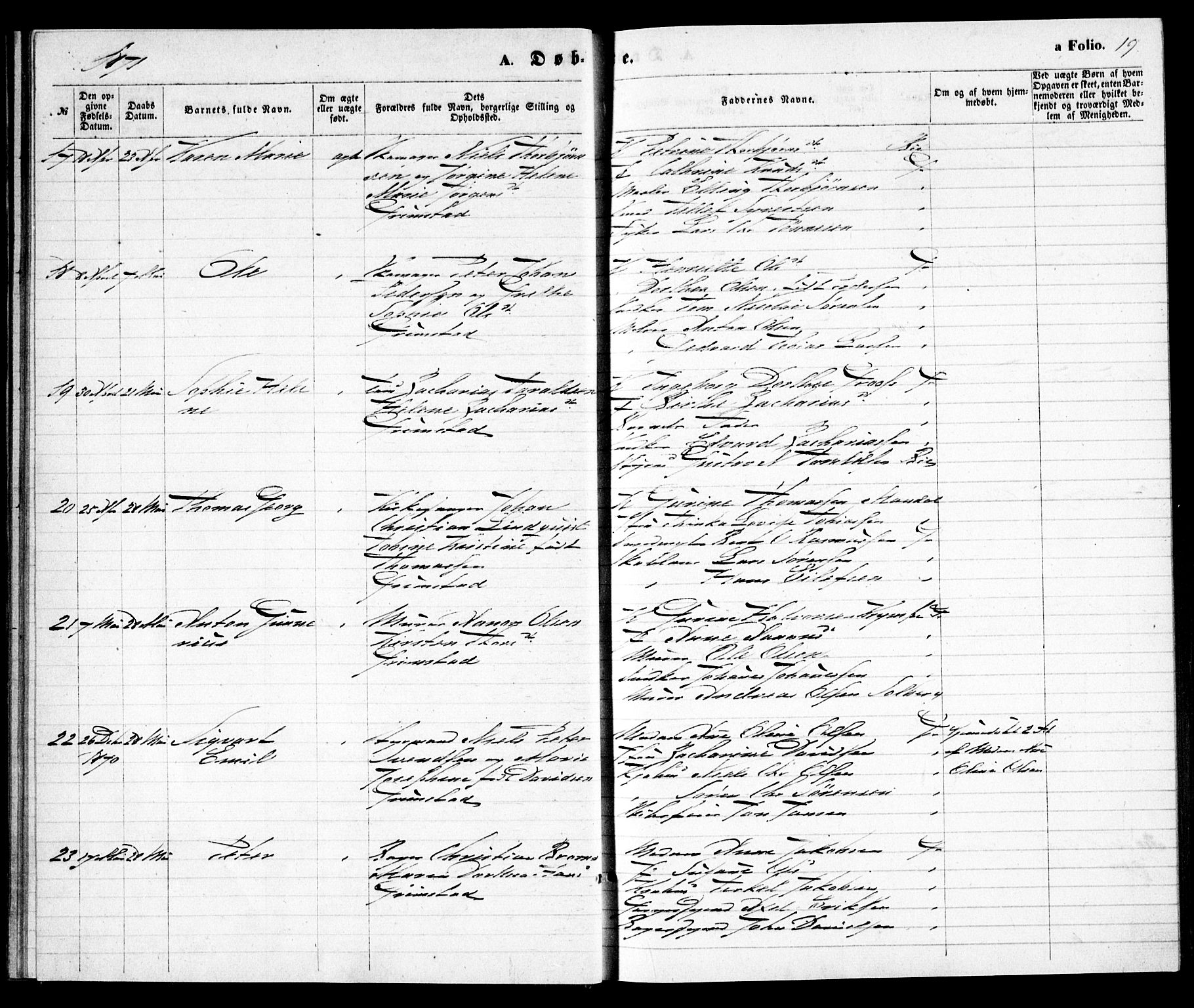 Grimstad sokneprestkontor, SAK/1111-0017/F/Fa/L0002: Parish register (official) no. A 1, 1869-1881, p. 19