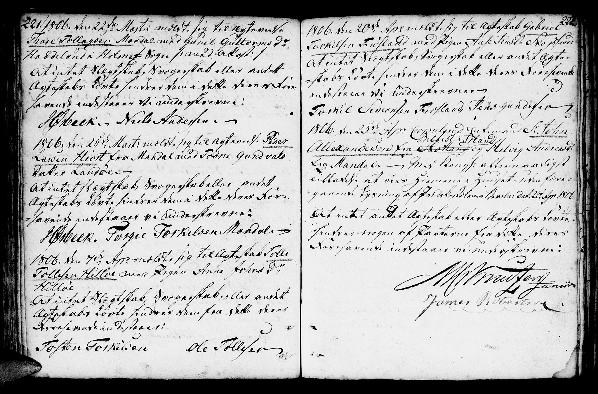 Mandal sokneprestkontor, AV/SAK-1111-0030/F/Fa/Faa/L0007: Parish register (official) no. A 7, 1783-1818, p. 221-222