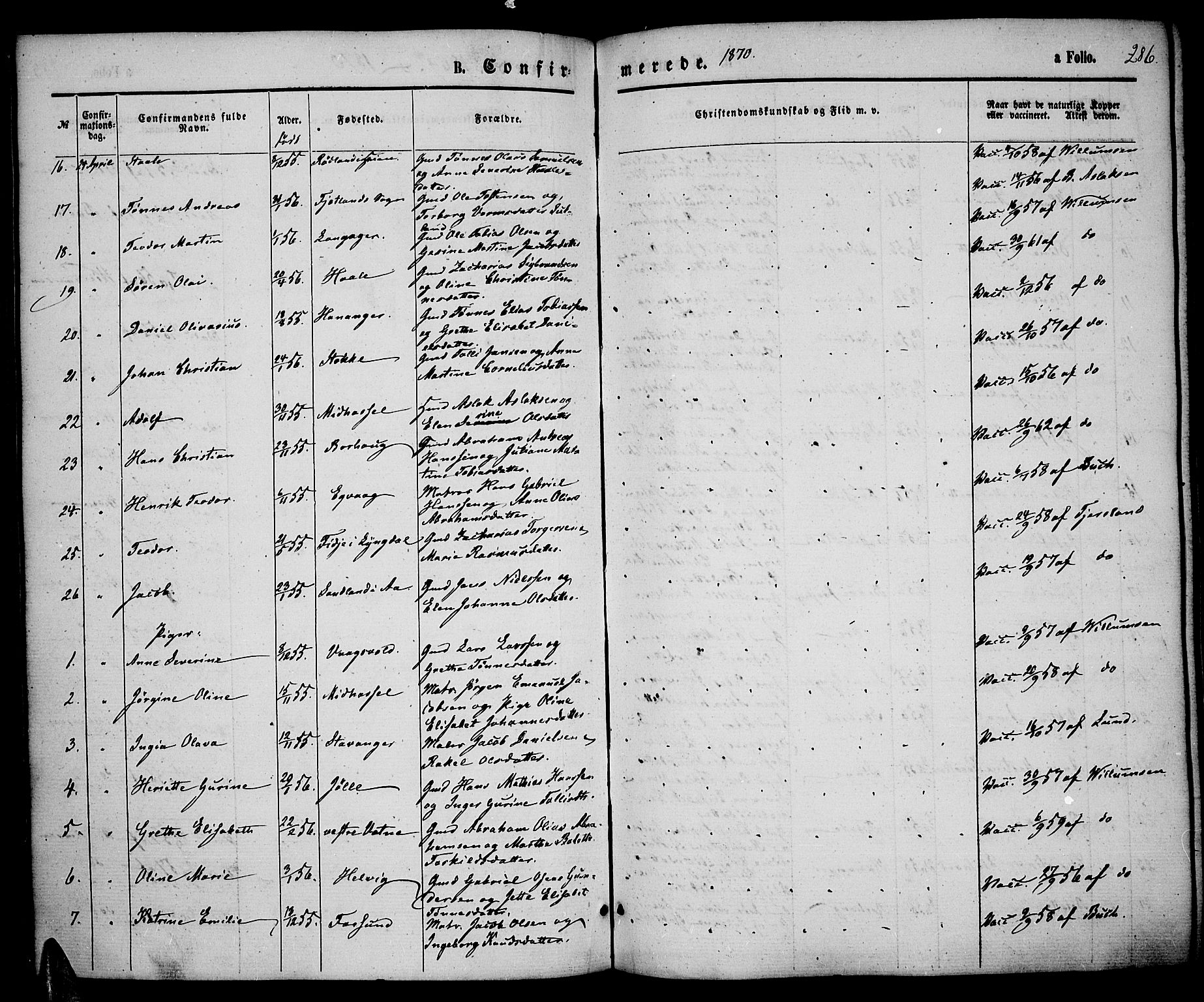 Lista sokneprestkontor, AV/SAK-1111-0027/F/Fb/L0003: Parish register (copy) no. B 3, 1862-1877, p. 286