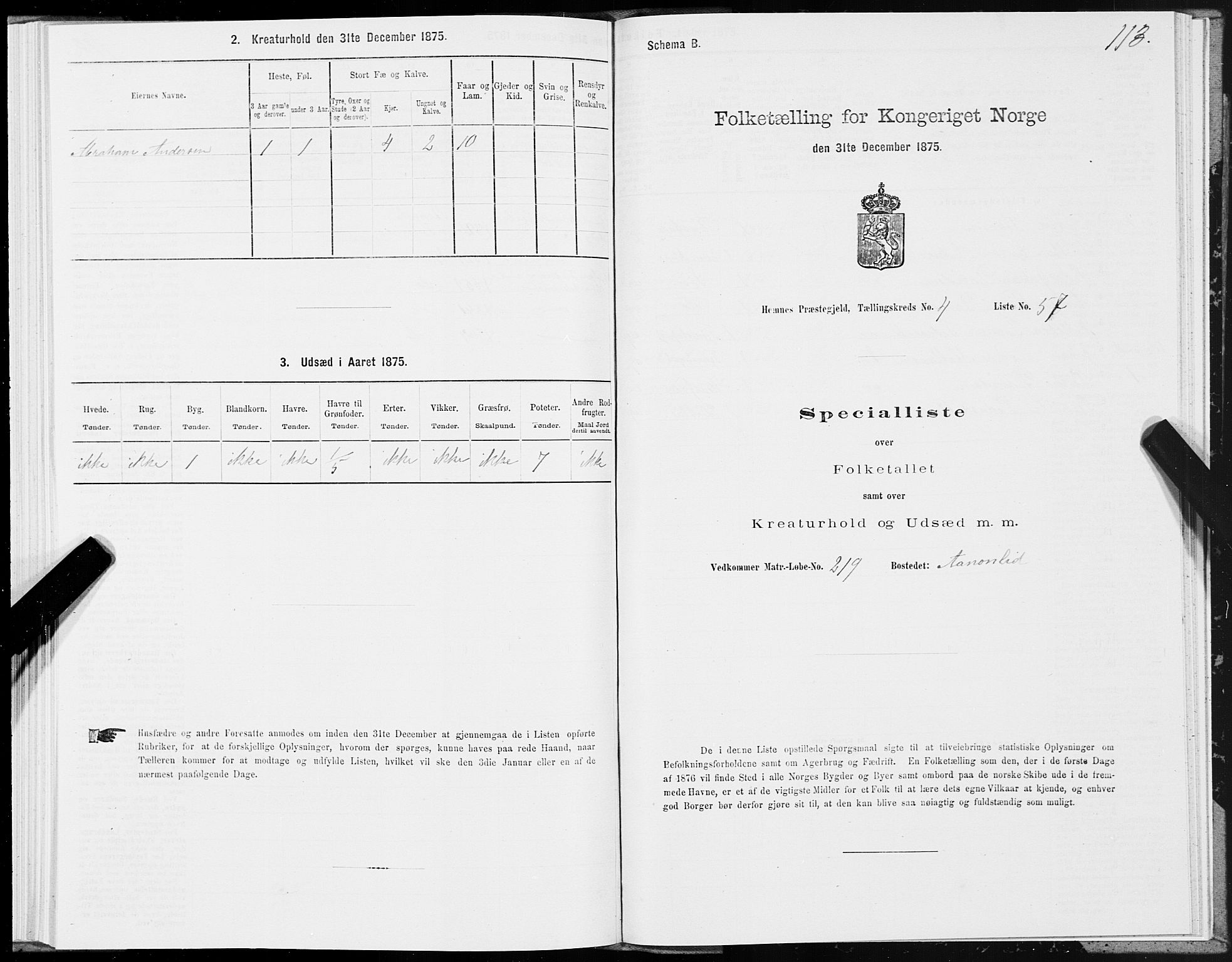 SAT, 1875 census for 1832P Hemnes, 1875, p. 3113