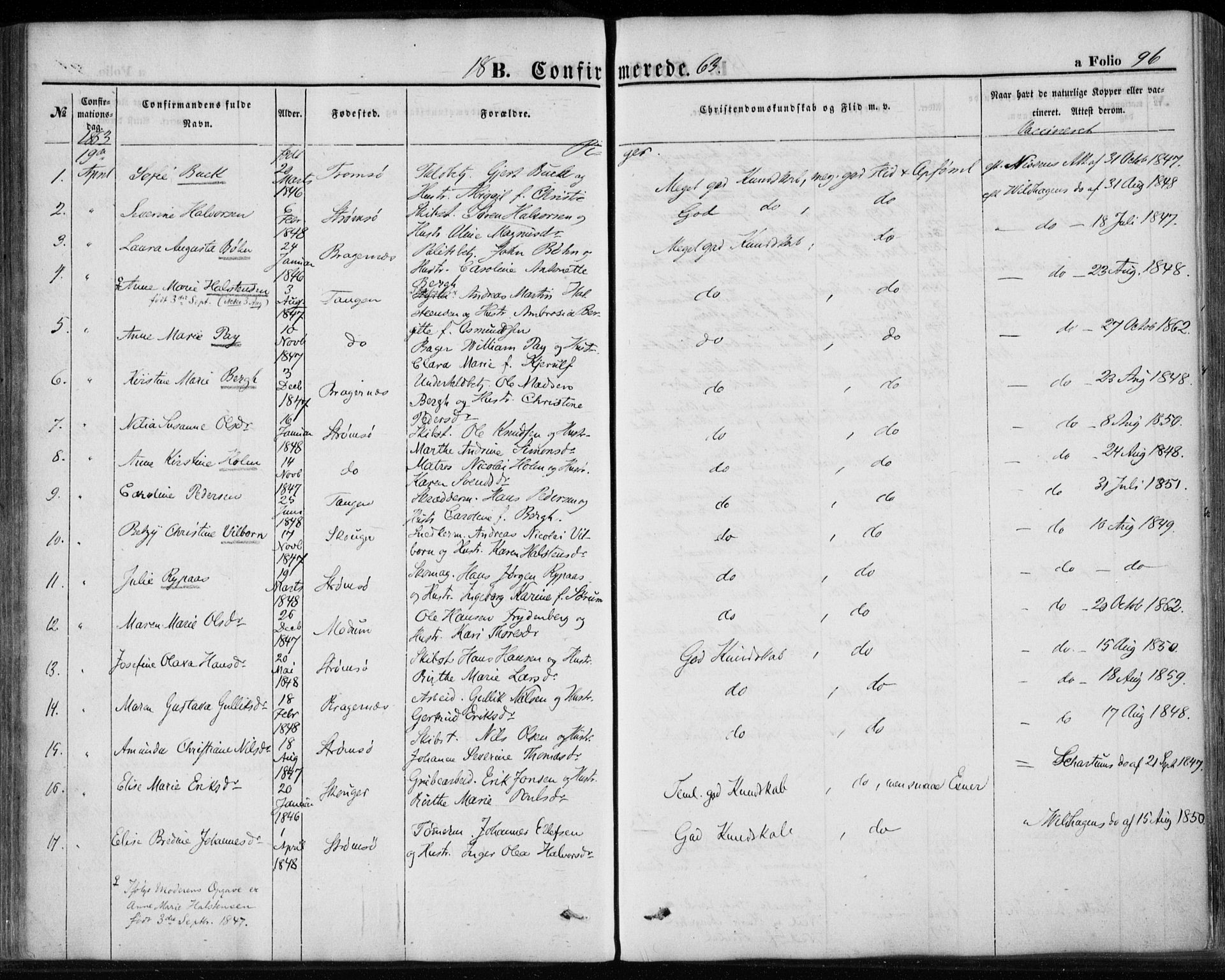 Strømsø kirkebøker, AV/SAKO-A-246/F/Fa/L0017: Parish register (official) no. I 17, 1848-1865, p. 96