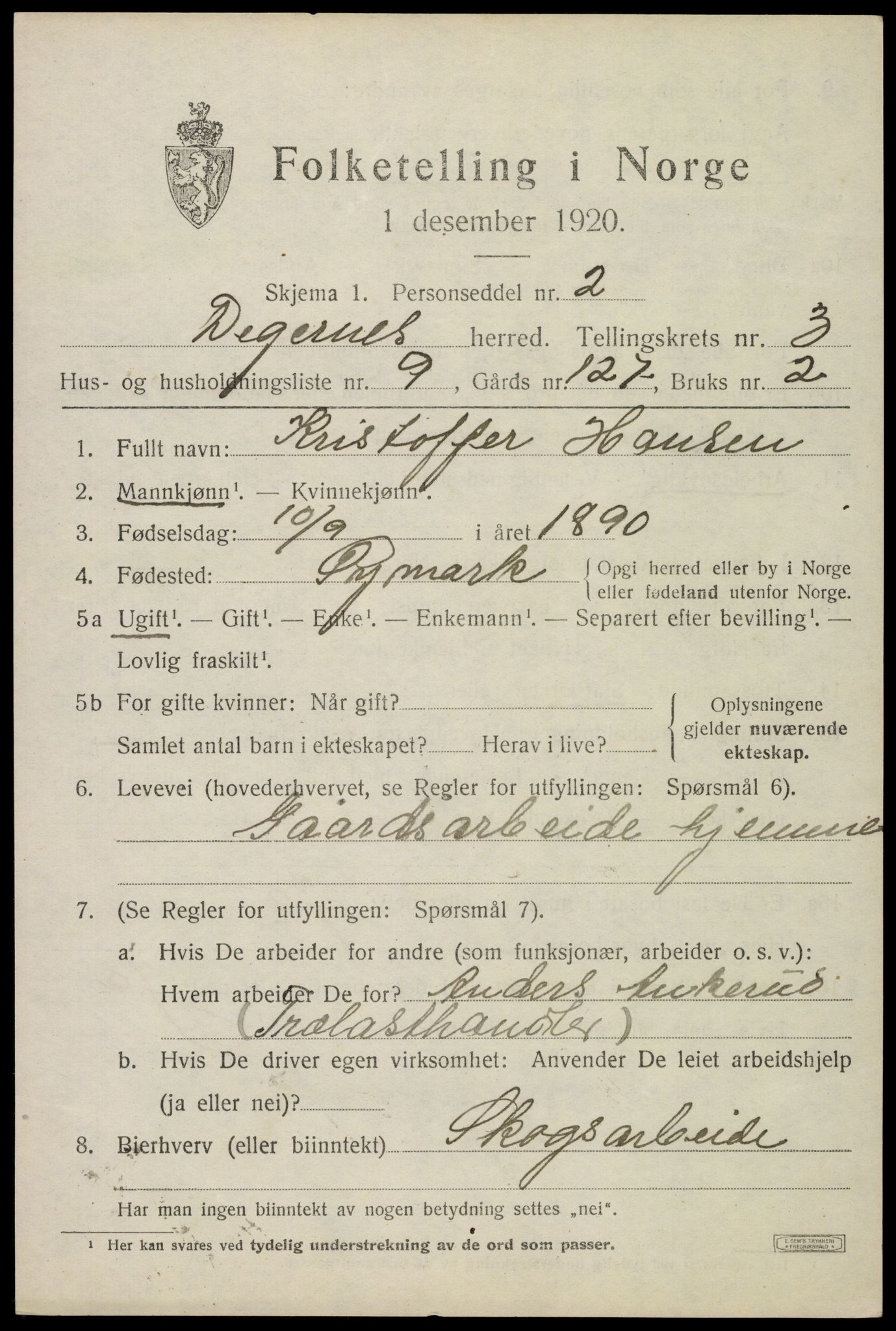 SAO, 1920 census for Degernes, 1920, p. 2178