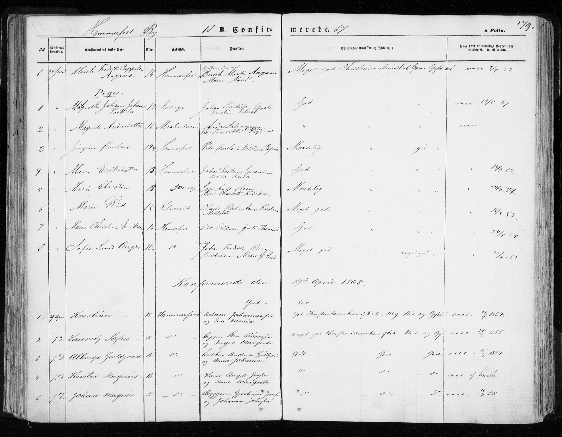 Hammerfest sokneprestkontor, SATØ/S-1347/H/Ha/L0005.kirke: Parish register (official) no. 5, 1857-1869, p. 179