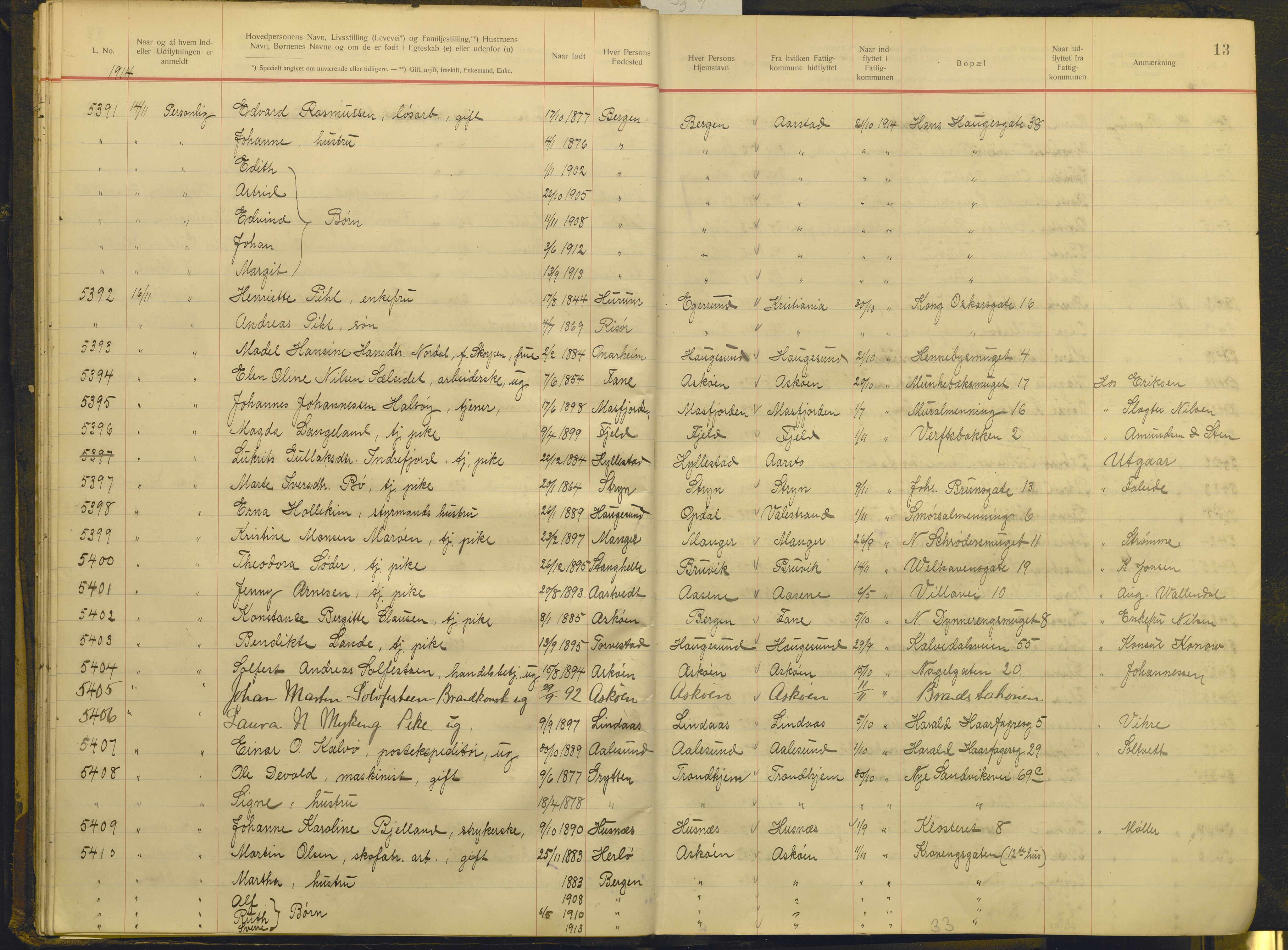 Bergen politikammer / politidistrikt, AV/SAB-A-60401/J.g/L0009: Protokoll over innflyttede, 1914-1917, p. 13