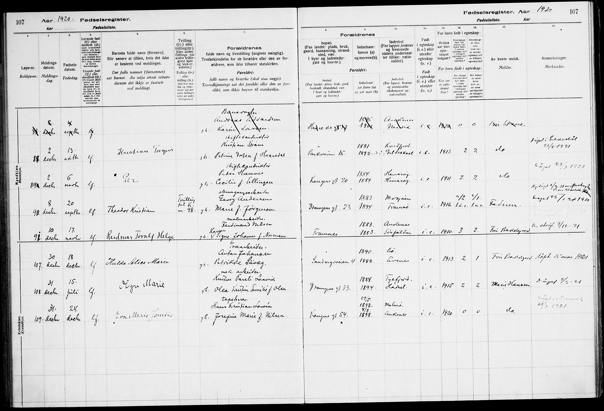 Ministerialprotokoller, klokkerbøker og fødselsregistre - Nordland, AV/SAT-A-1459/871/L1013: Birth register no. 871.II.4.1, 1916-1924, p. 107