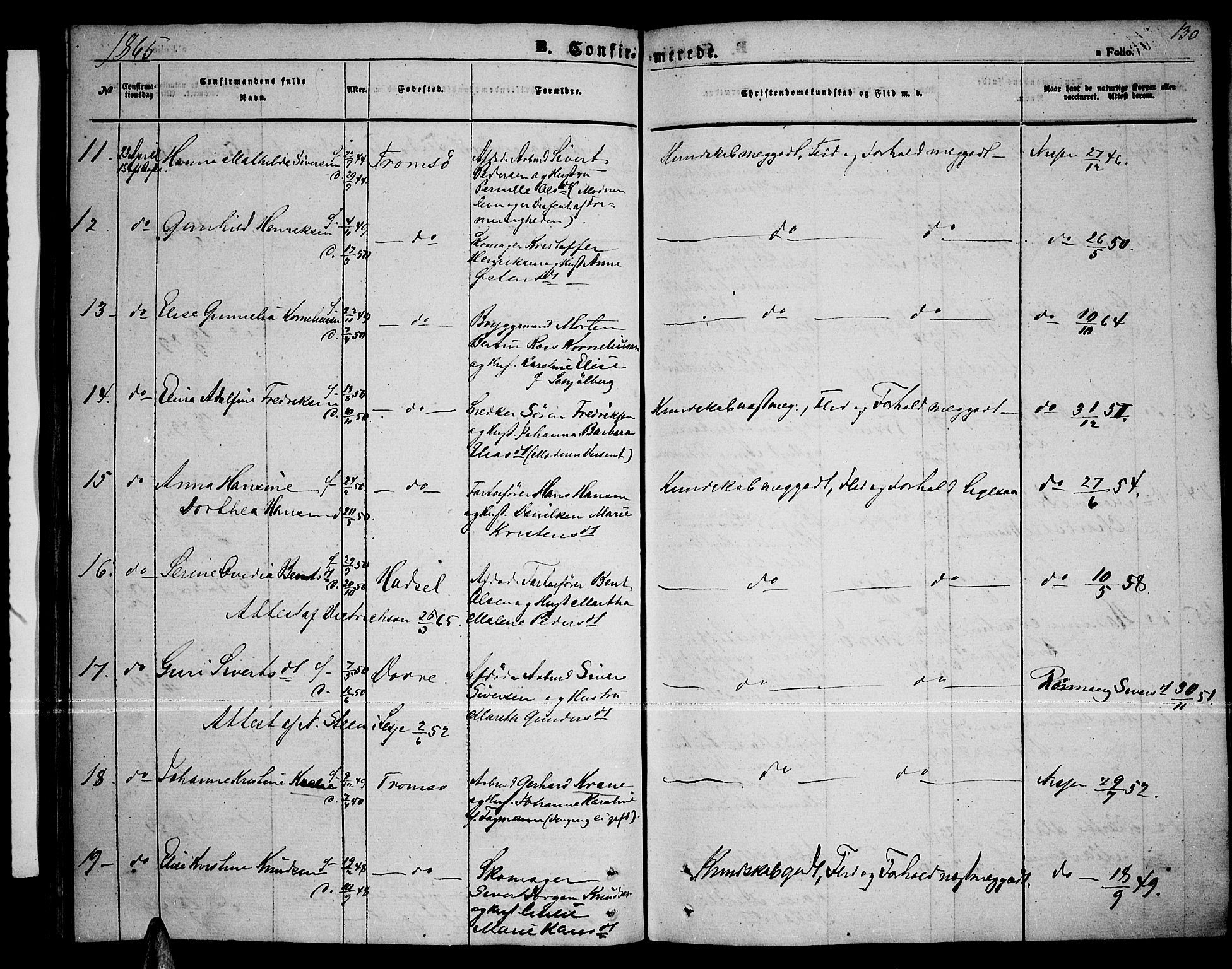 Tromsø sokneprestkontor/stiftsprosti/domprosti, AV/SATØ-S-1343/G/Gb/L0006klokker: Parish register (copy) no. 6, 1857-1866, p. 130