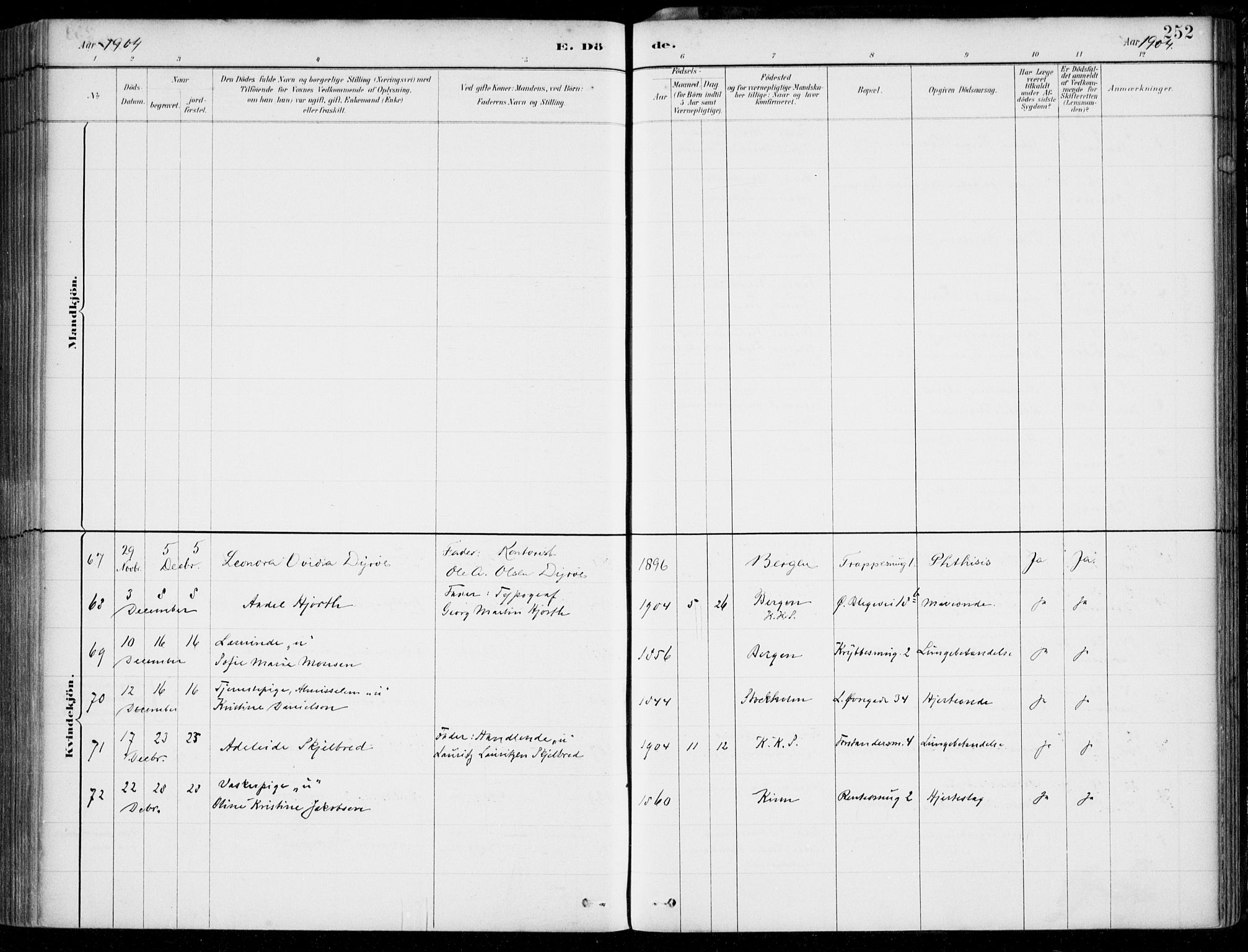 Korskirken sokneprestembete, AV/SAB-A-76101/H/Hab: Parish register (copy) no. E 4, 1884-1910, p. 252