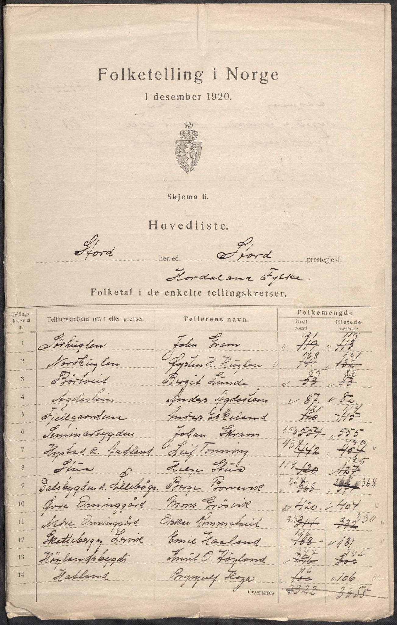 SAB, 1920 census for Stord, 1920, p. 2