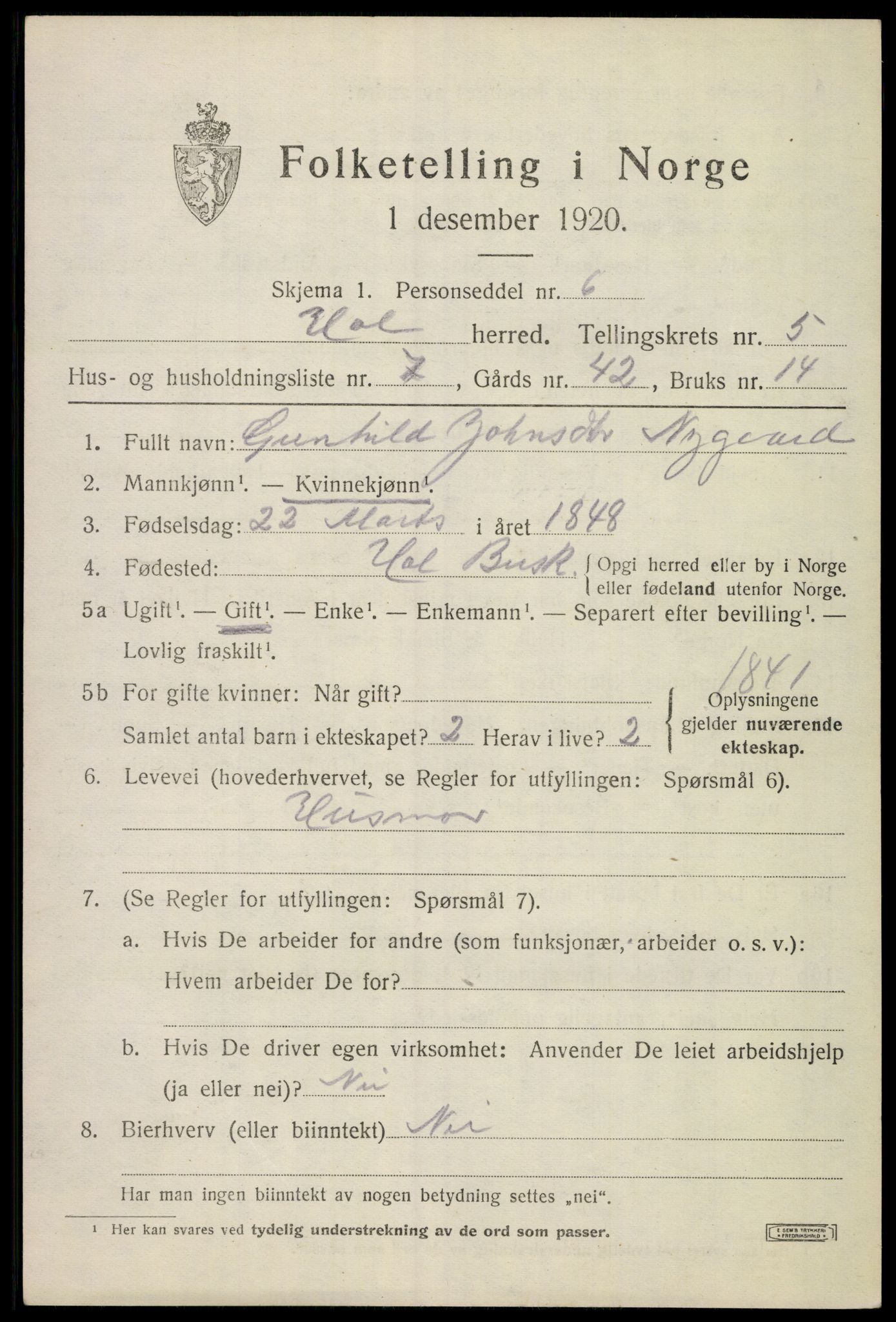 SAKO, 1920 census for Hol (Buskerud), 1920, p. 2831