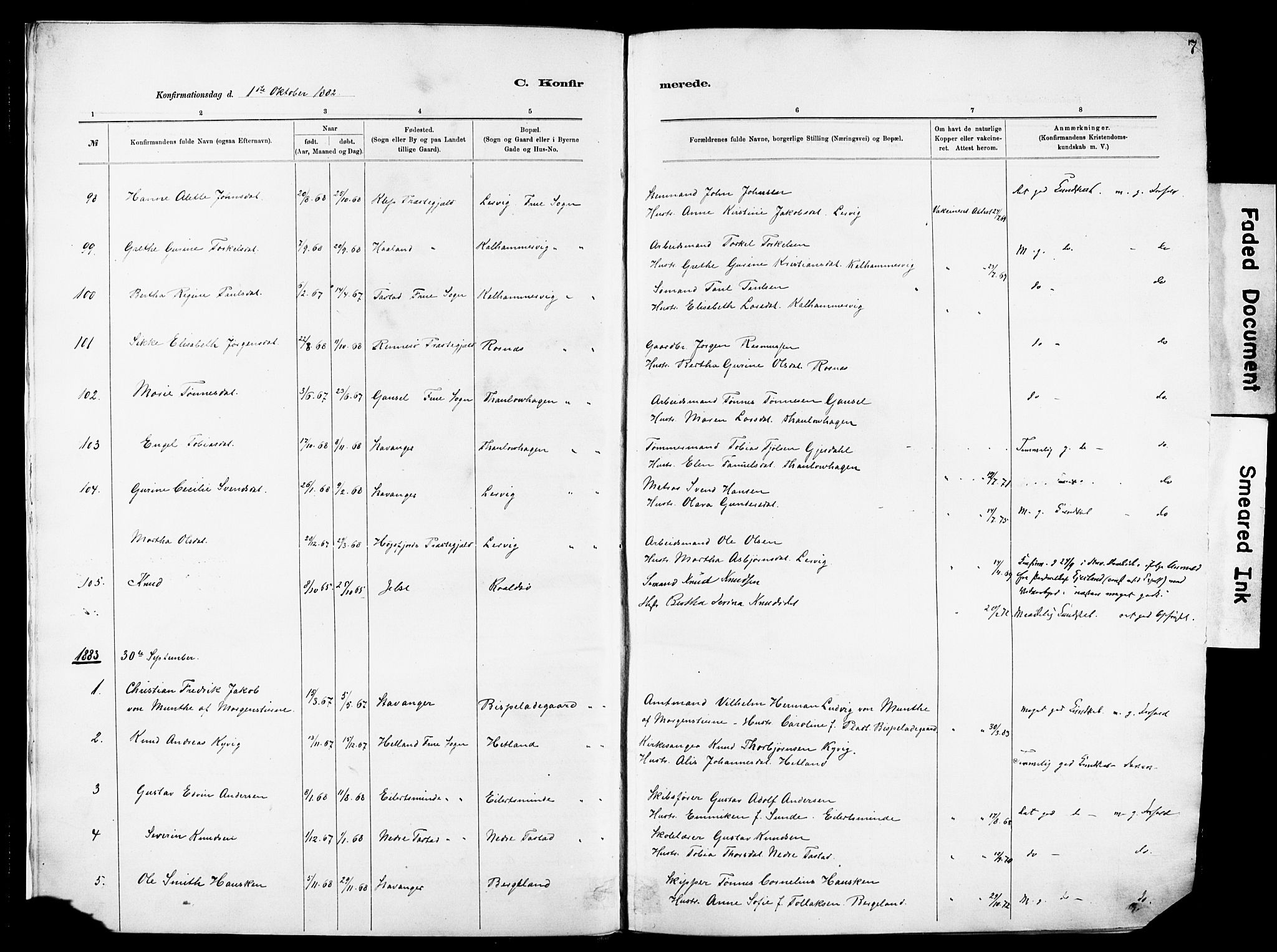 Hetland sokneprestkontor, SAST/A-101826/30/30BA/L0012: Parish register (official) no. A 12, 1882-1912, p. 7
