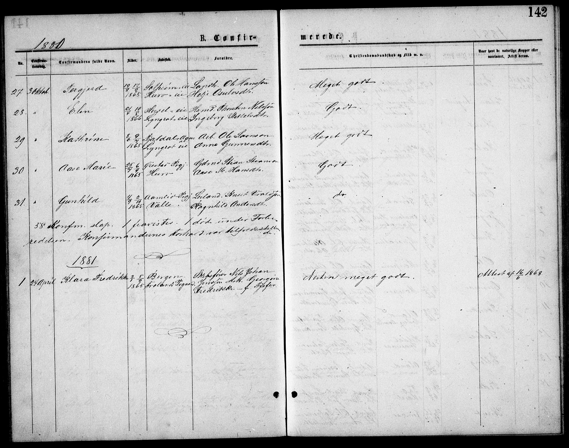 Froland sokneprestkontor, SAK/1111-0013/F/Fb/L0009: Parish register (copy) no. B 9, 1875-1893, p. 142