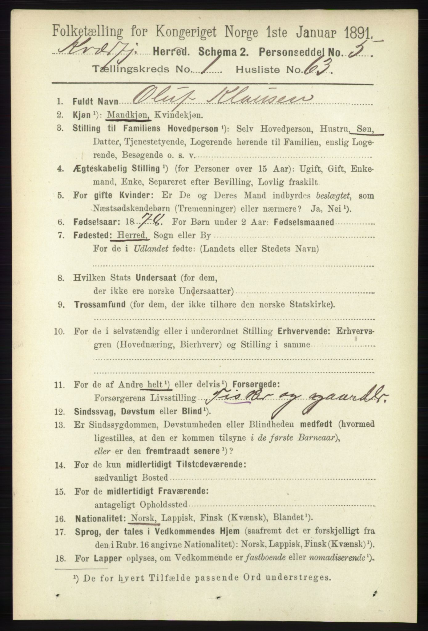 RA, 1891 census for 1911 Kvæfjord, 1891, p. 532